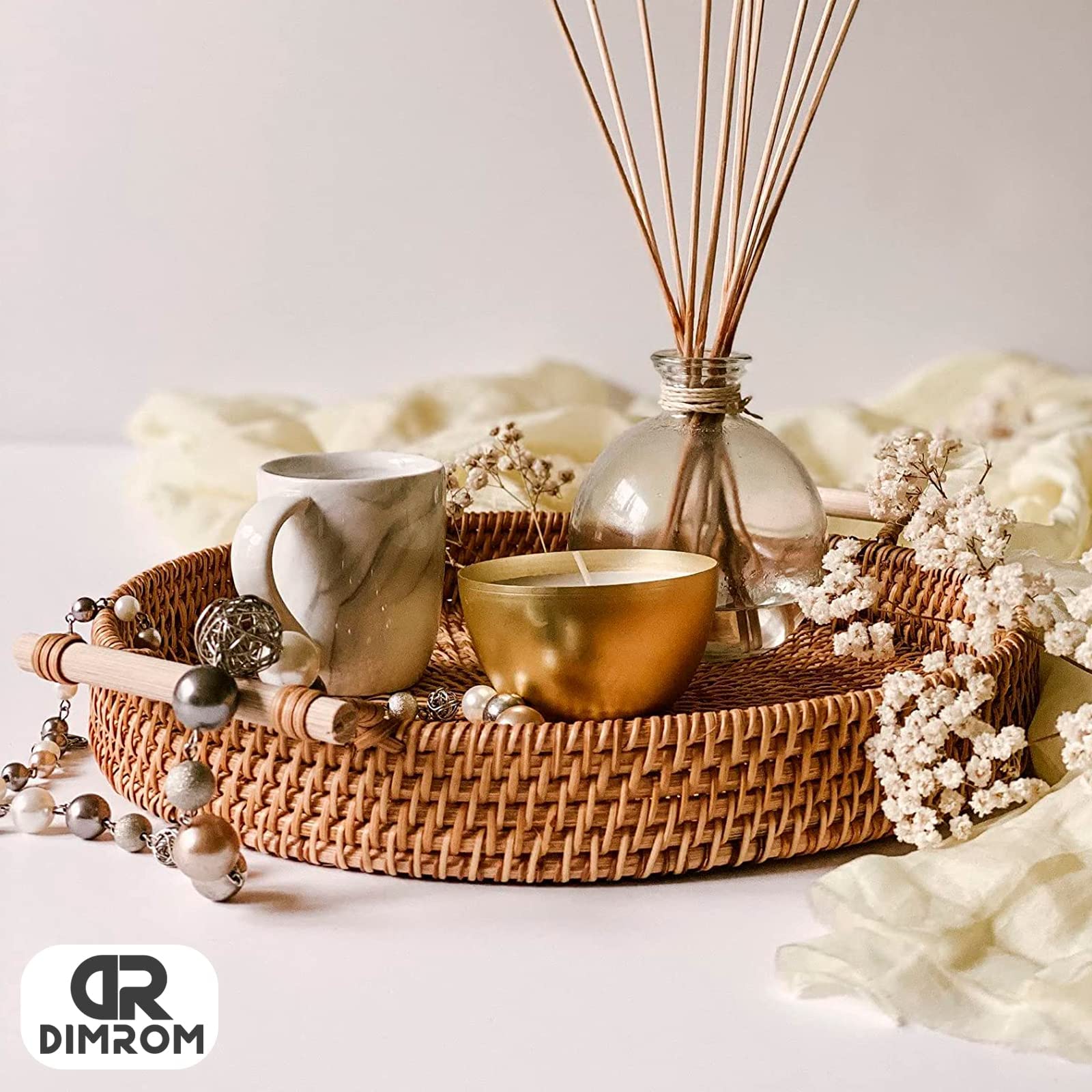 8.7-Inch Round Rattan Serving Tray - Woven Wicker Decorative Tray for Coffee Table, Bread, Fruit & Vegetables | Perfect for Home Decor, Restaurants & Entertaining