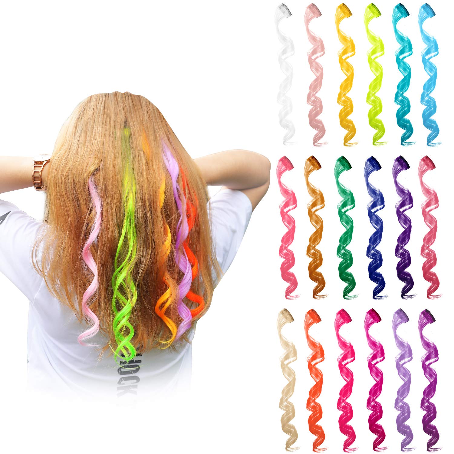 Blulu 24-Piece Clip-In Synthetic Hair Extensions - 20 Inch Curly Wavy Rainbow Hairpieces for Women (24 Colors) | Perfect for Parties, Cosplay & Festival Highlights