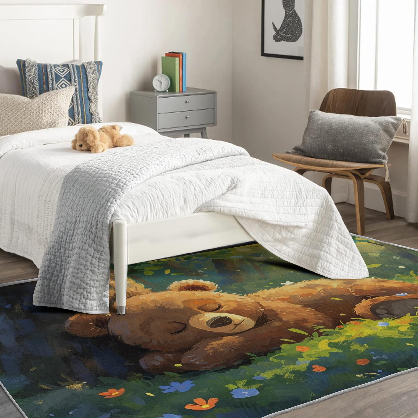 Cute Cartoon Woodland Bear Rug - Soft Non-Slip 6x8 Washable Low Pile Indoor Area Rug for Nursery, Living Room & Bedroom | Kids Forest Animal Carpet for Cozy Home Decor & Playroom Flooring