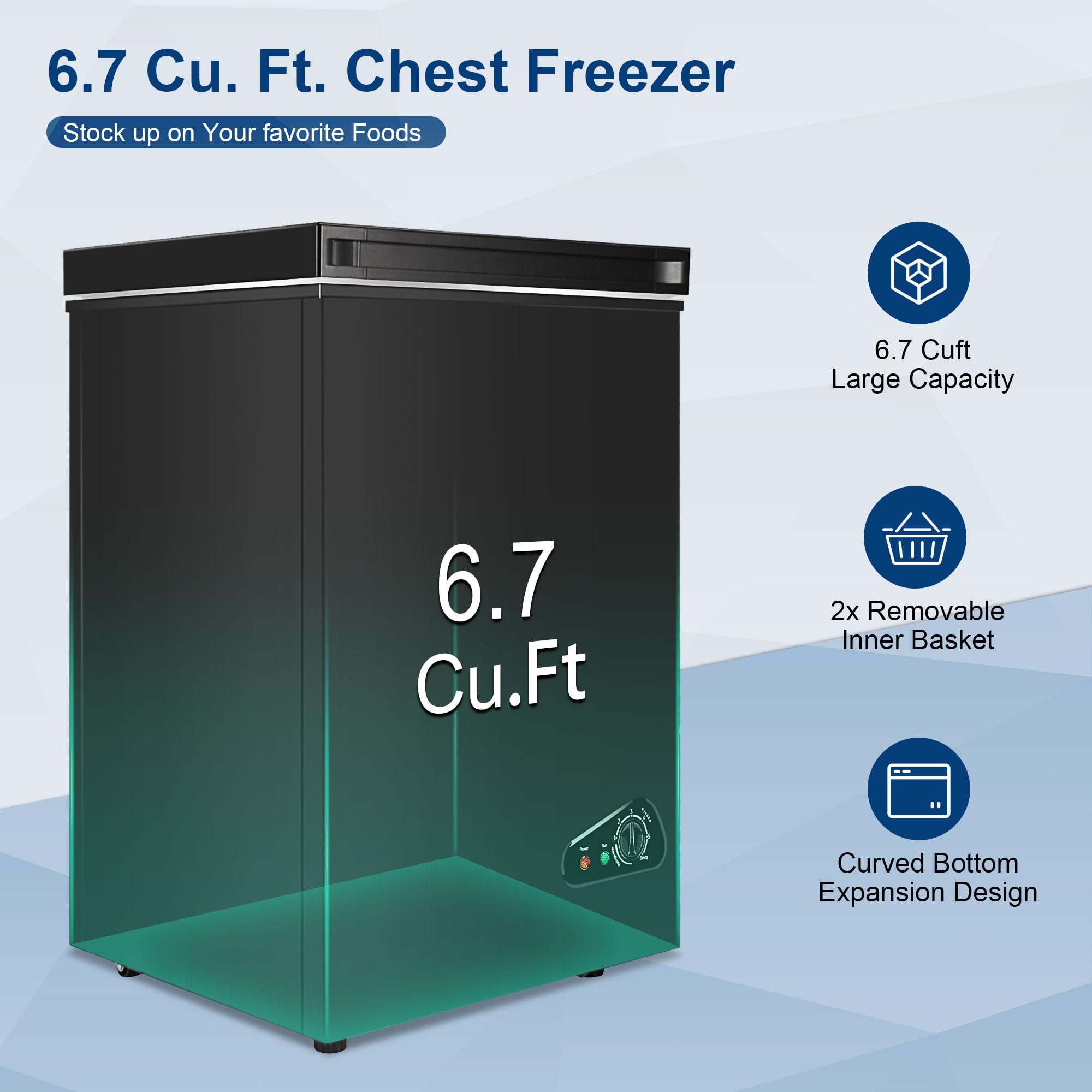 6.7 Cu.Ft Energy Efficient Chest Freezer - Compact Deep Freezer with 2 Removable Baskets & 7 Adjustable Temperature Settings - Ultra Quiet Operation for Home, Kitchen, Garage, Office, or Apartment - Perfect for Food Storage, Meal Prep, and Bulk Shopping