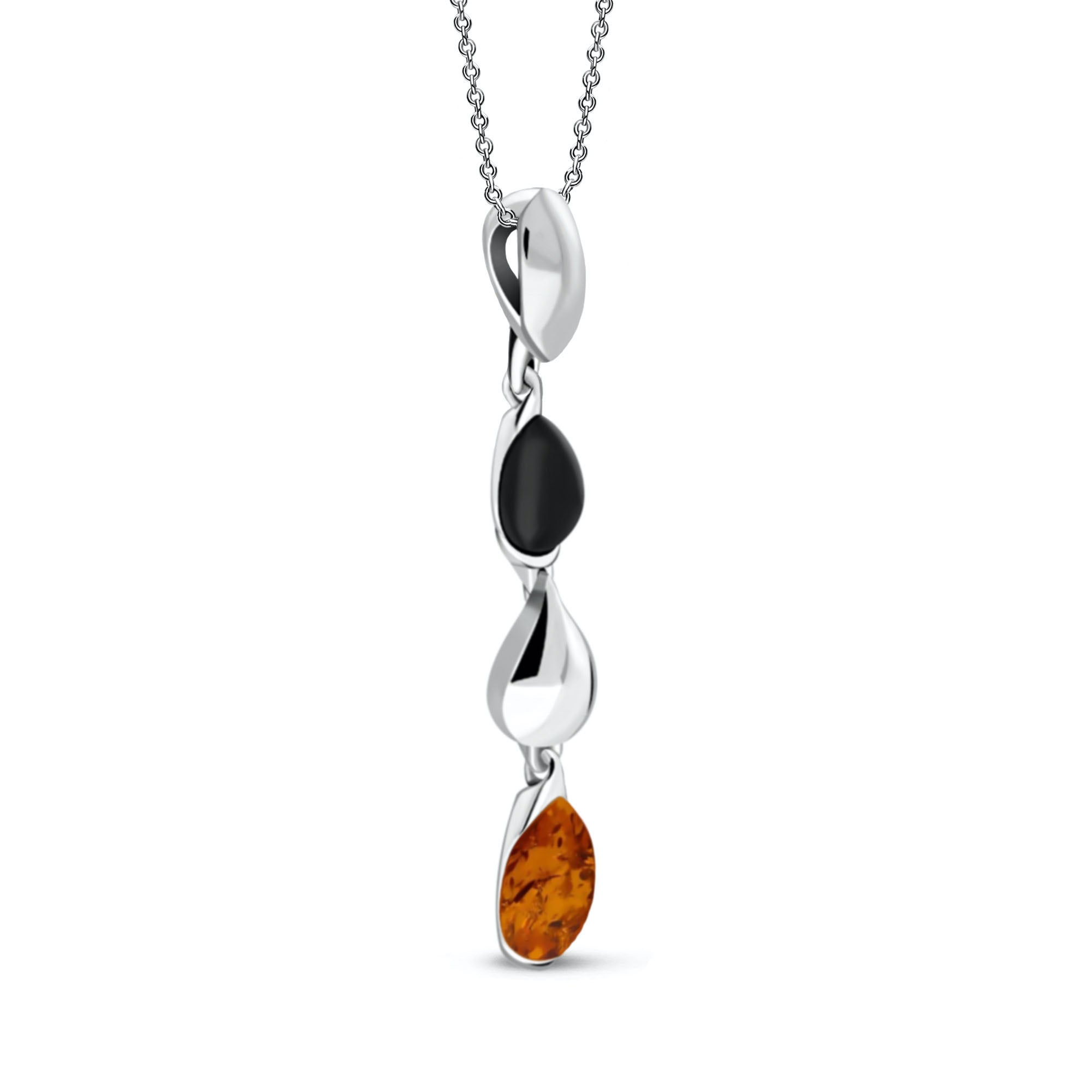Elegant Sterling Silver Three Pear Drop Whitby Jet & Amber Pendant Necklace | Vintage Jewelry for Women | Perfect for Weddings, Parties & Special Occasions