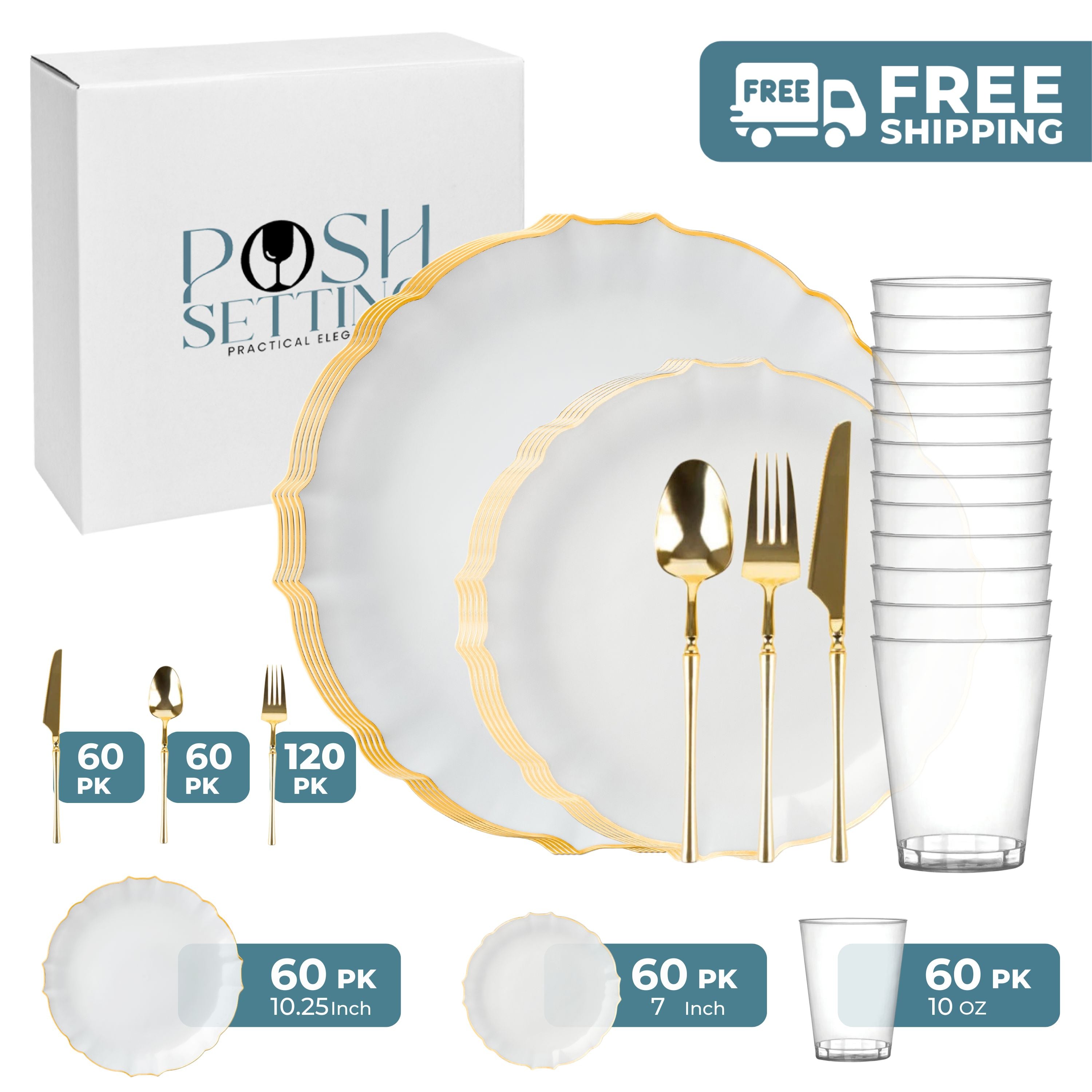 Luxury White & Gold Plastic Party Bundle - Transparent Elegant Disposable Tableware Set for Weddings, Birthdays & Special Events