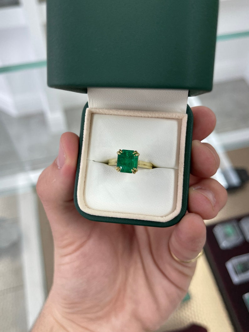 3.24ct AAA+ Vivid Dark Green Emerald Asscher Cut Ring - 18K Solid Yellow Gold Double Prong Claw Setting for Women, Perfect for Engagement, Anniversary & Special Occasions