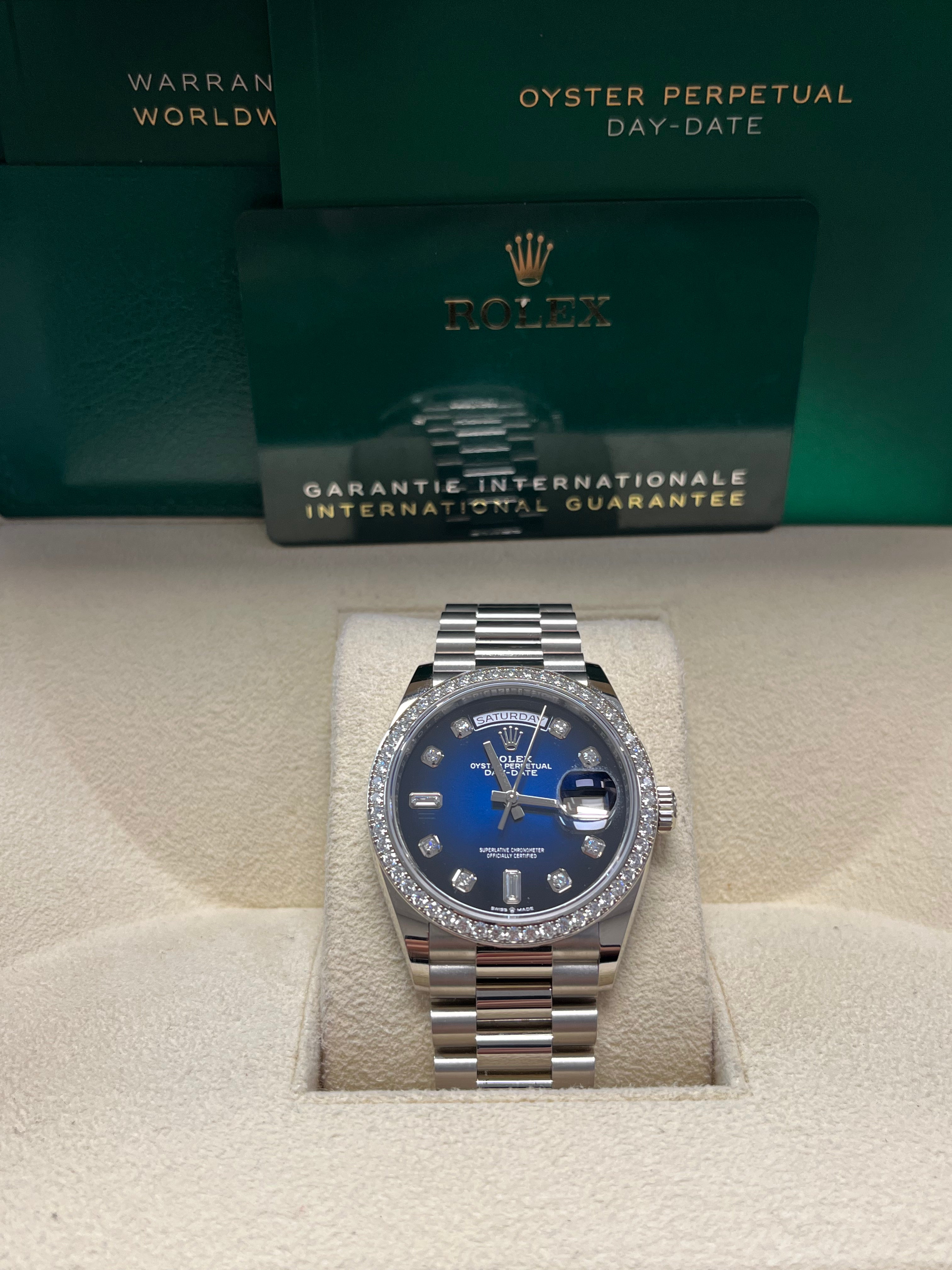 Rolex Day Date 36mm Blue Ombre Diamond Bezel White Gold President Bracelet Watch 128349RBR - Luxury Dress Watch for Business & Formal Occasions