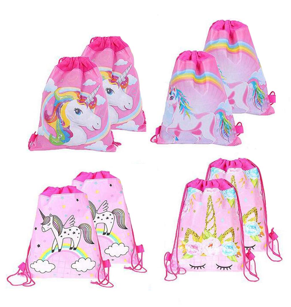 8 Pack Unicorn Drawstring Backpacks - Party Favor Bags for Kids Birthday, Baby Shower, Halloween Trick or Treat - Cute Goodie Bags for Girls Birthday Party Favors, School Events & Celebrations