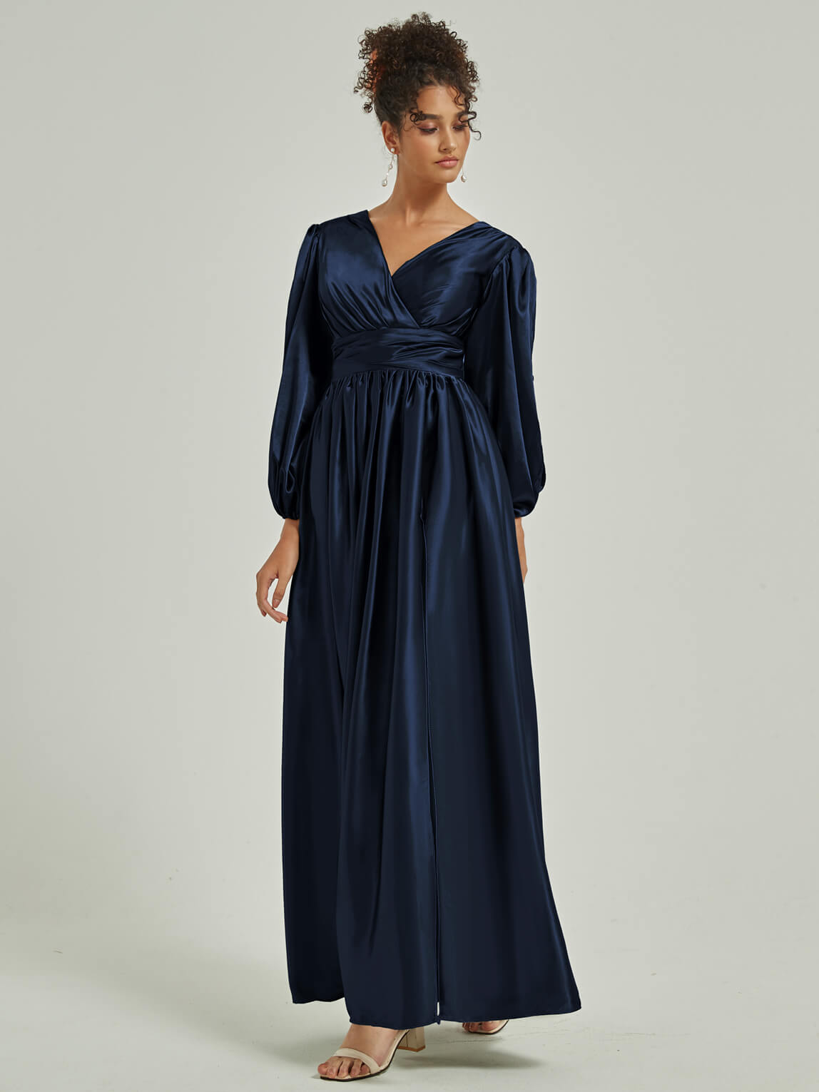 Elegant Dark Navy Satin Bridesmaid Dress with 3/4 Sleeves, V-Neck & Slit Pleated Design - Perfect for Weddings, Formal Events & Special Occasions