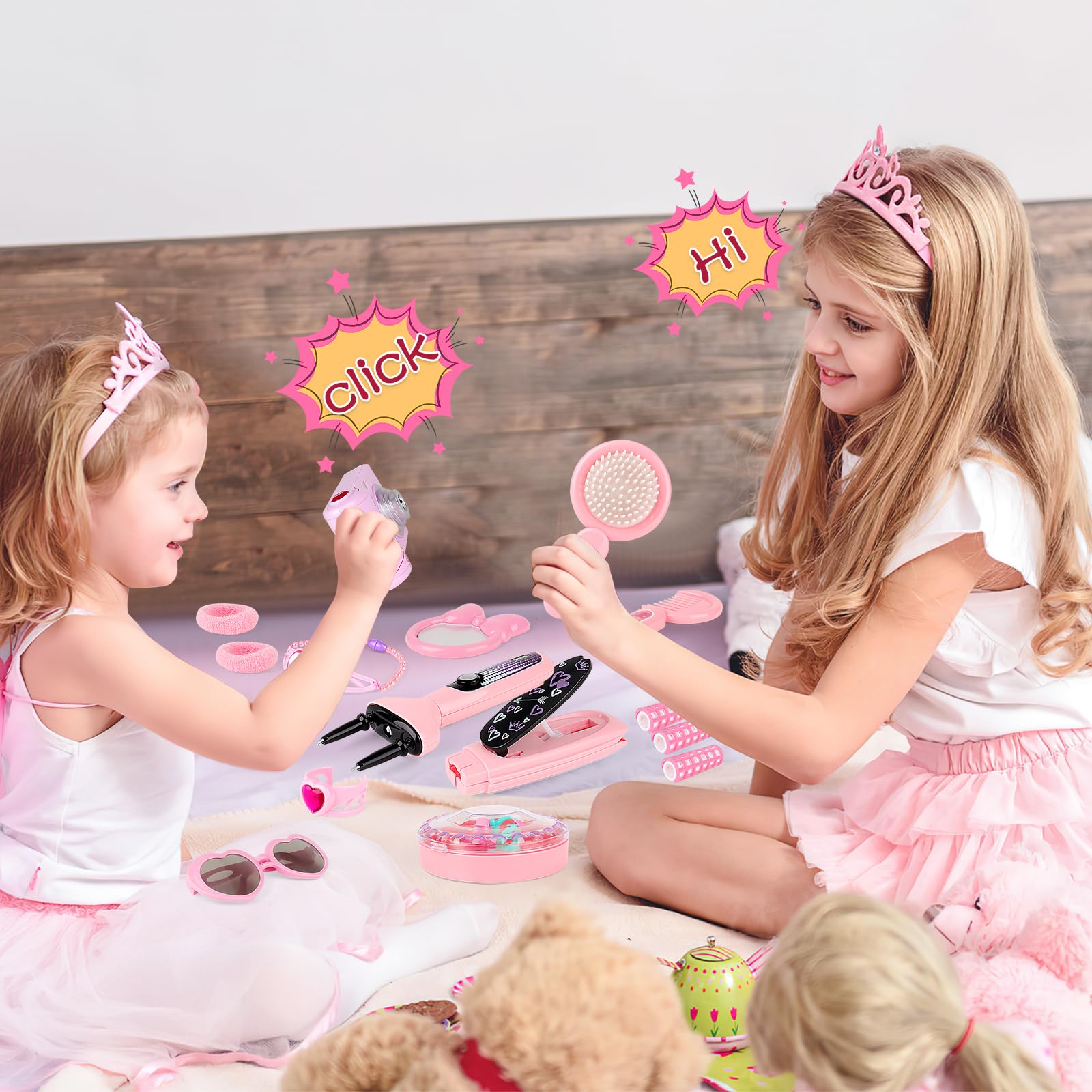 deAO 34PCS Kids Beauty Salon Toy Kit for Girls - Hair Styling Accessories, Handbag, Bluetooth Headset, Camera & Princess Makeup Toys | Pretend Play, Birthday Gift & Role-Playing Fun for Toddlers