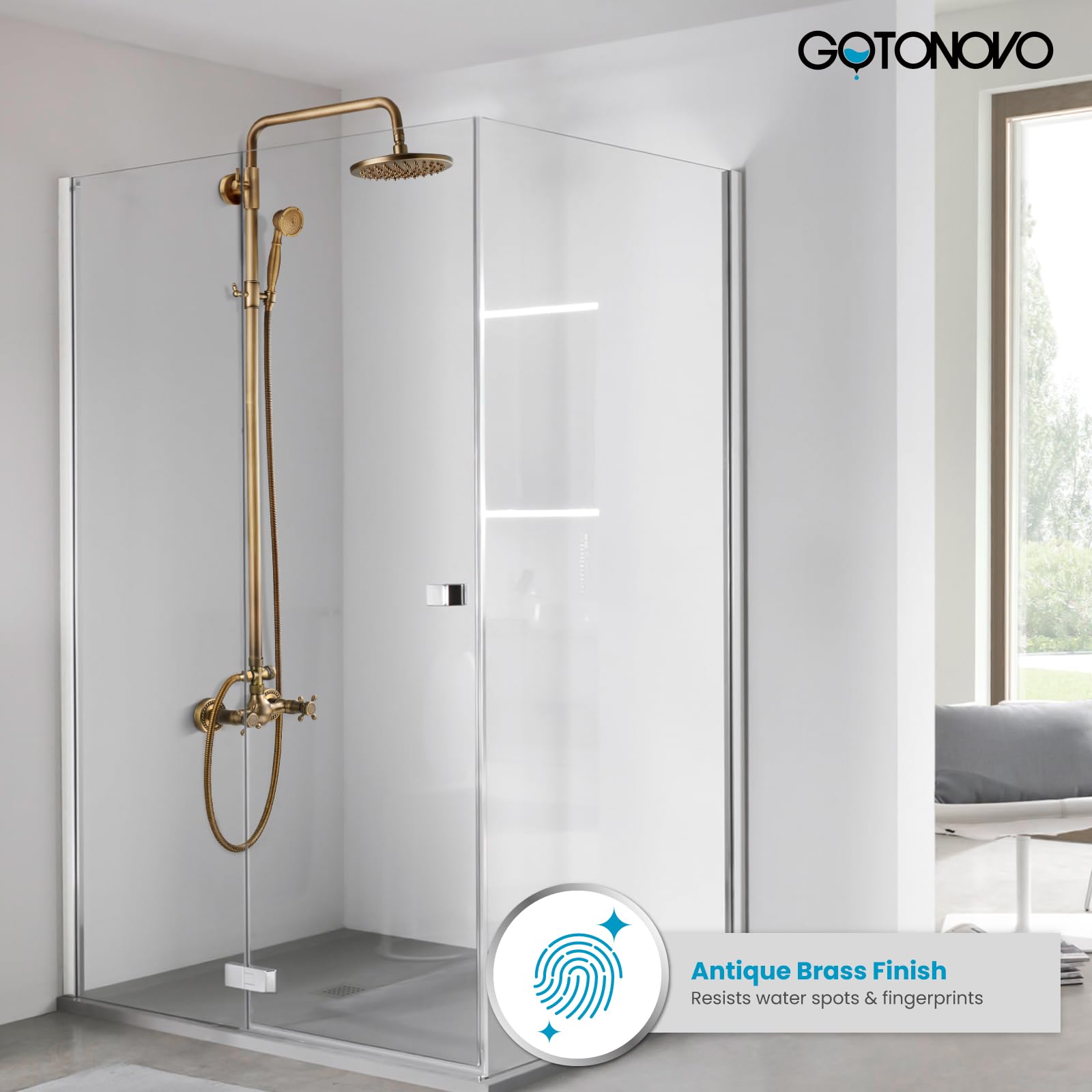 Gotonovo 8 Inch Antique Brass Rainfall Showerhead - Wall Mounted 2 Cross Handle Shower Fixture with G3/4 Extension Tube & Adjustable Shower Arm - Perfect for Vintage Bathroom Renovation & Spa-Like Shower Experience