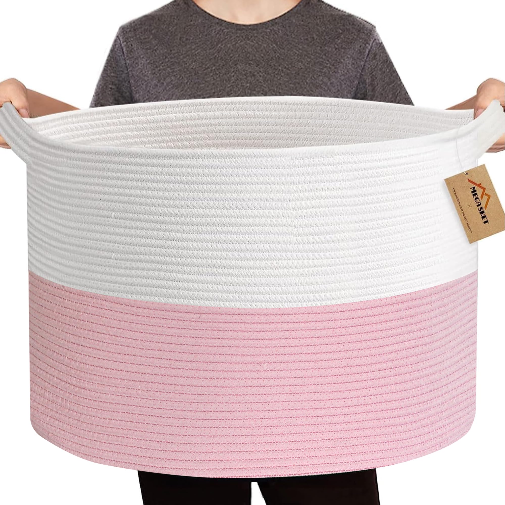 Extra Large Pink Storage Basket - 22x22x14 Inch Woven Cotton Rope Organizer for Blankets, Toys & Nursery | Perfect for Living Room, Bedroom & Kids Room Organization | Soft Decorative Gift Basket for Home Storage