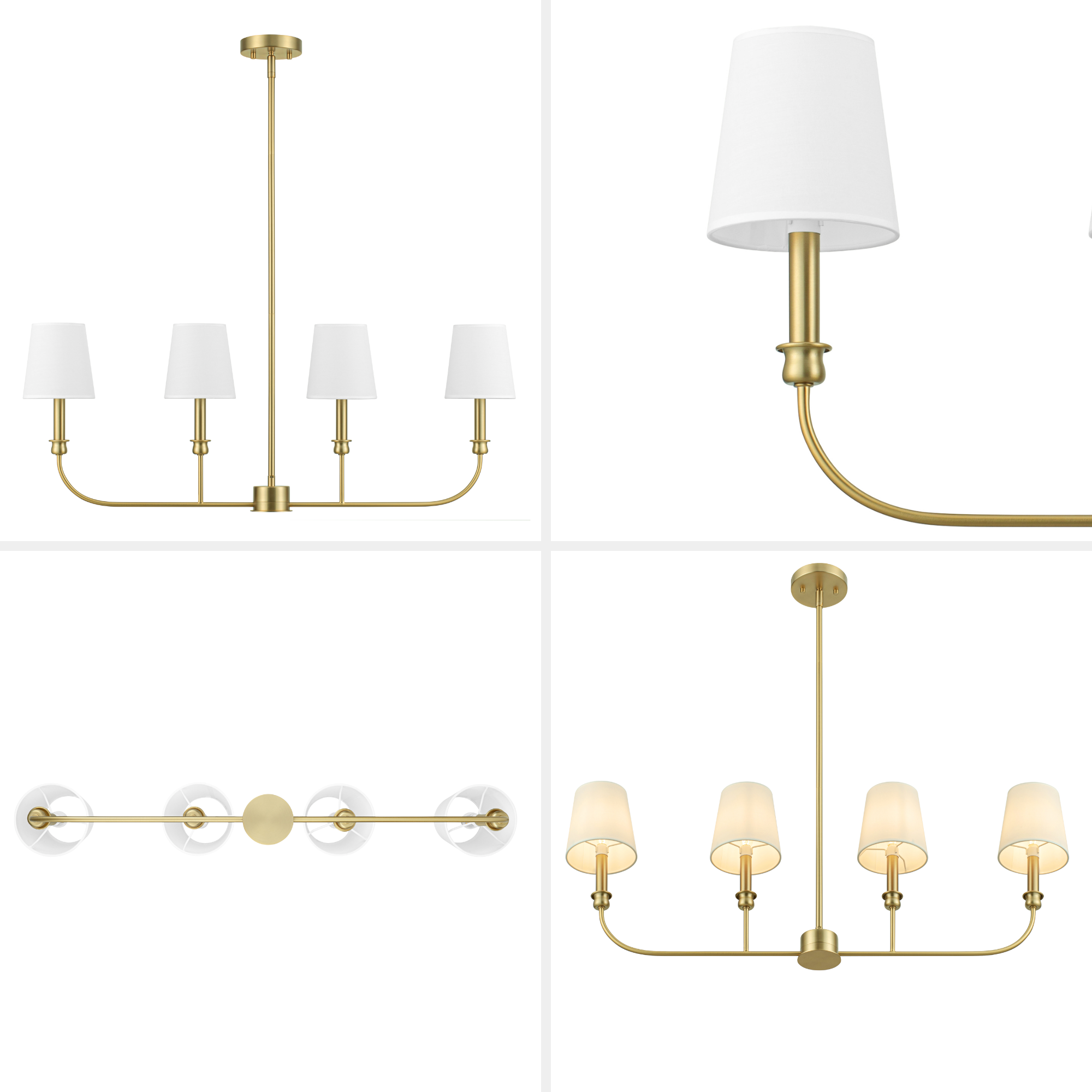 4-Light Billet Linear Chandelier with Brushed Gold Finish & Fabric Shades - Modern Dining Room Pendant Lighting for Kitchen Island, Bedroom or Entryway