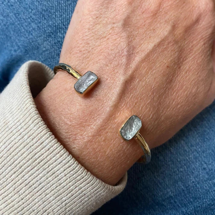 Aviva Open Cuff Bracelet with Double Gemstones - Elegant Jewelry for Women, Perfect for Parties, Weddings & Special Occasions