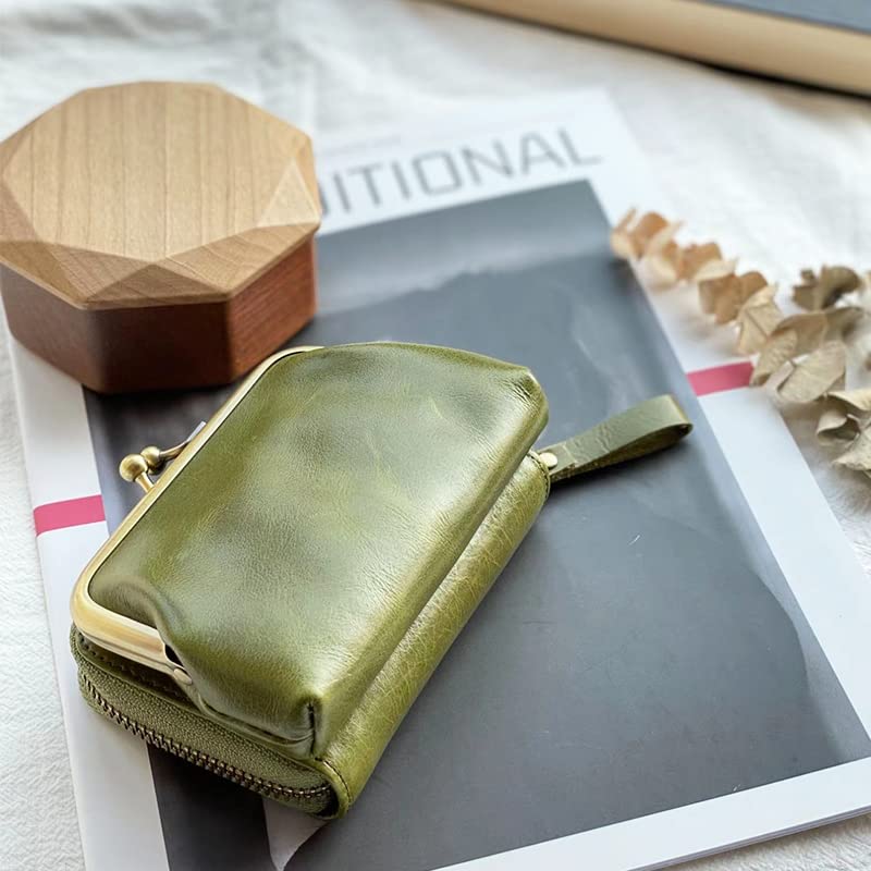 2-in-1 Genuine Leather Coin Purse & ID Card Holder - Customizable Kiss-lock Zipper Wallet for Men & Women (Green) - Perfect for Travel, Everyday Use & Gift Giving