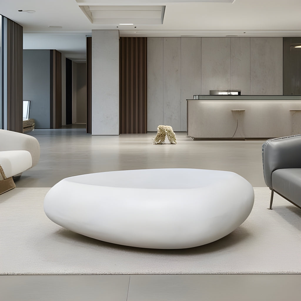 ROCCO White Concrete Pebble Coffee Table 106cm - Indoor & Outdoor Modern Side Table for Living Room, Patio, Garden Decor