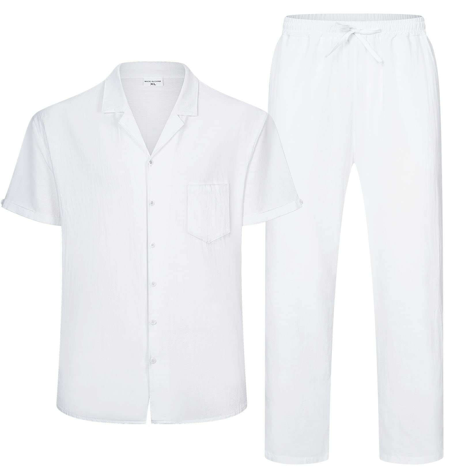 RPOVIG Men's Linen Shirt & Pants Set - 2 Piece Breathable Short Sleeve Top & Yoga Pants Outfit for Beach, Wedding & Casual Wear | Summer Comfort Linen Clothing