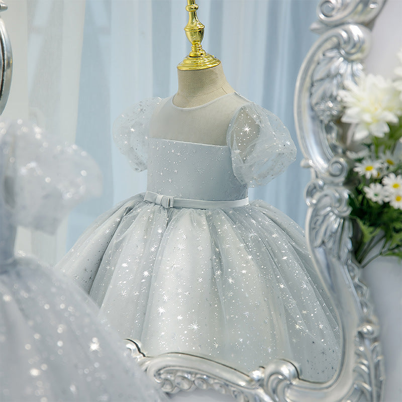 Elegant Tulle Tea-Length Flower Girl Dress with Sparkling Sequins & Puff Sleeves - Perfect for Weddings, Pageants & Special Occasions