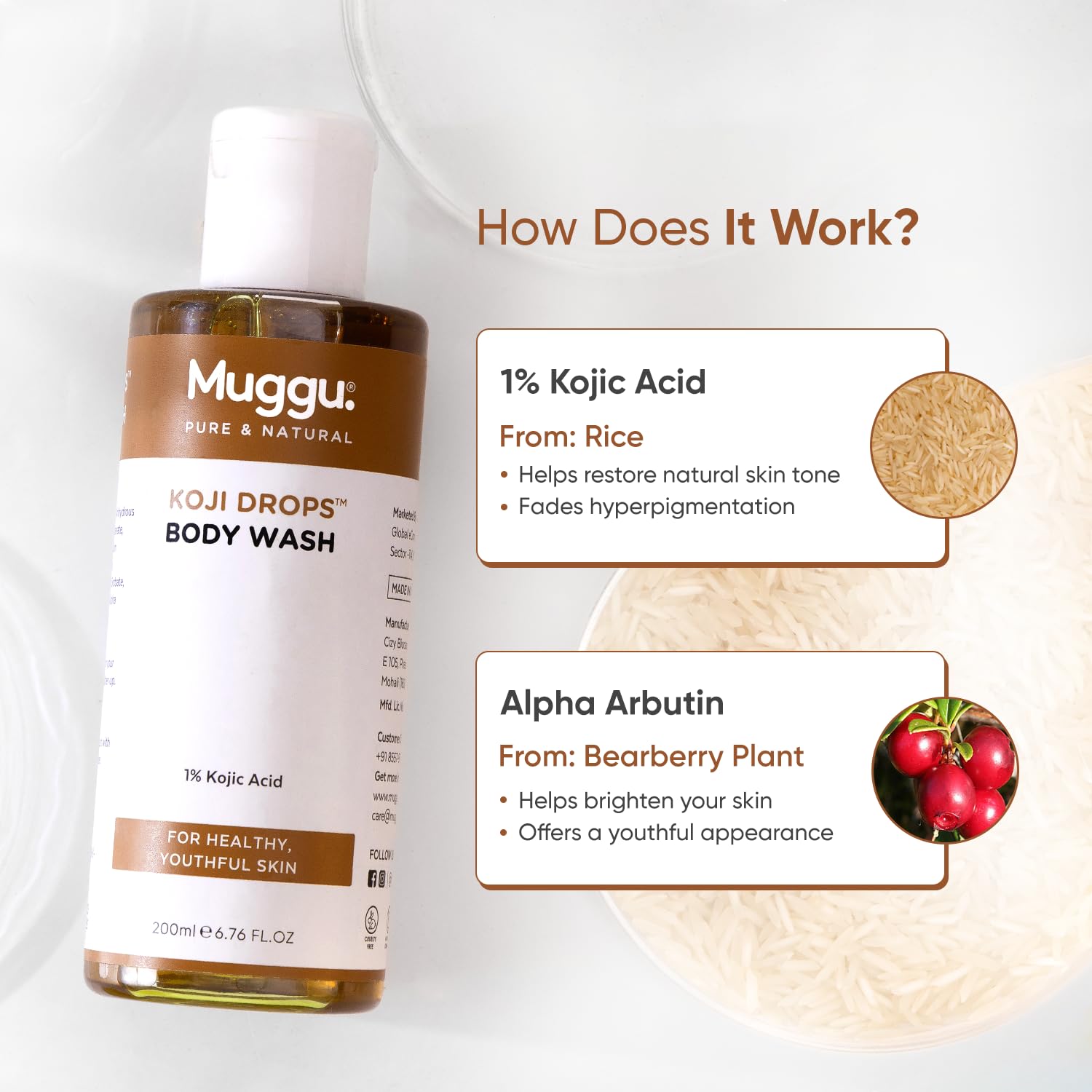 Muggu Skincare Koji Drops Brightening Body Wash with Kojic Acid for Dark Spots & Hyperpigmentation - 200ml | Gentle Exfoliating Shower Gel for Even Skin Tone | Perfect for Daily Use & Post-Sun Care