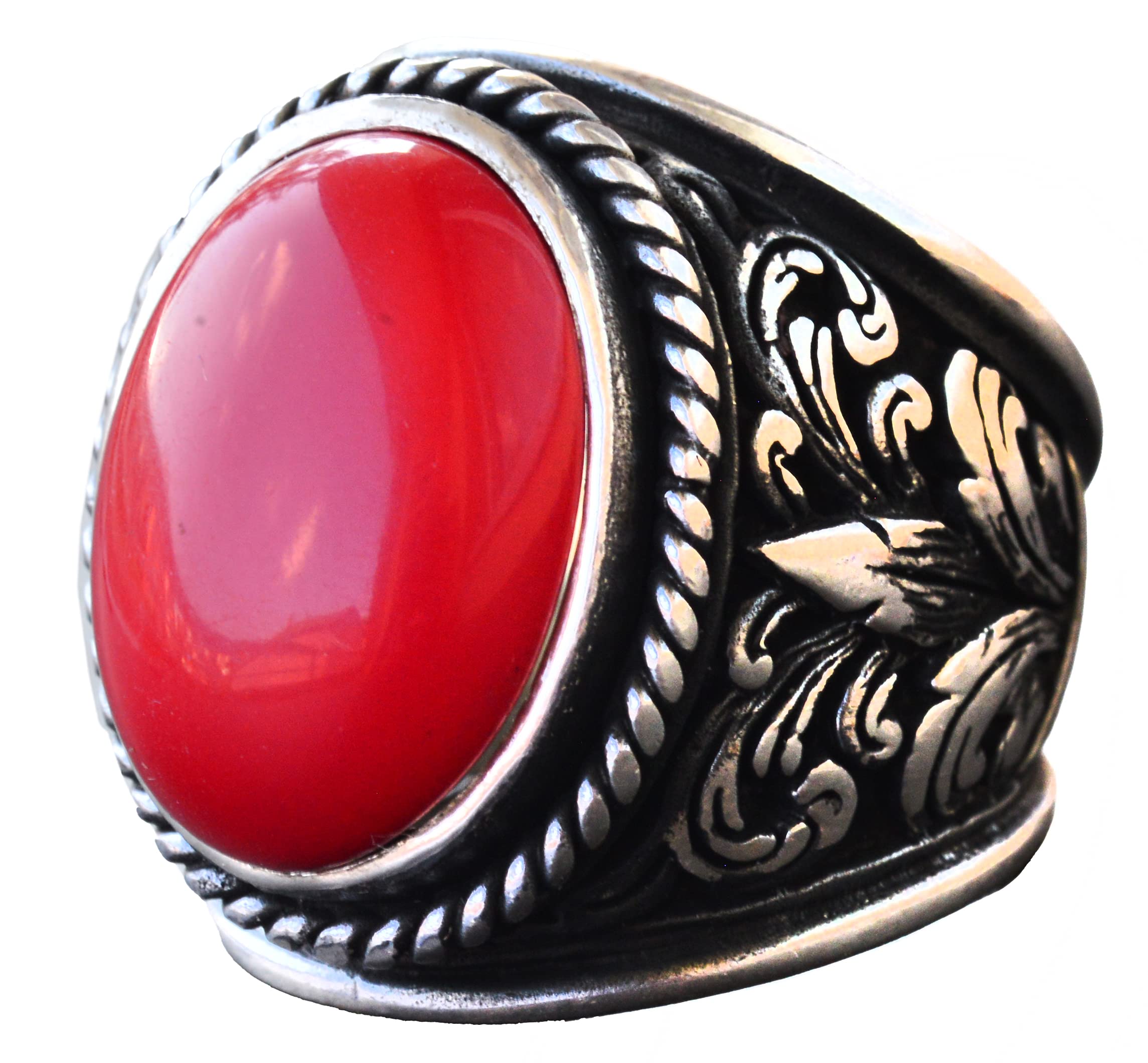 Sterling Silver Men's Ring with Genuine Red Coral Stone - Falcon Jewelry for Gifts, Weddings & Everyday Wear