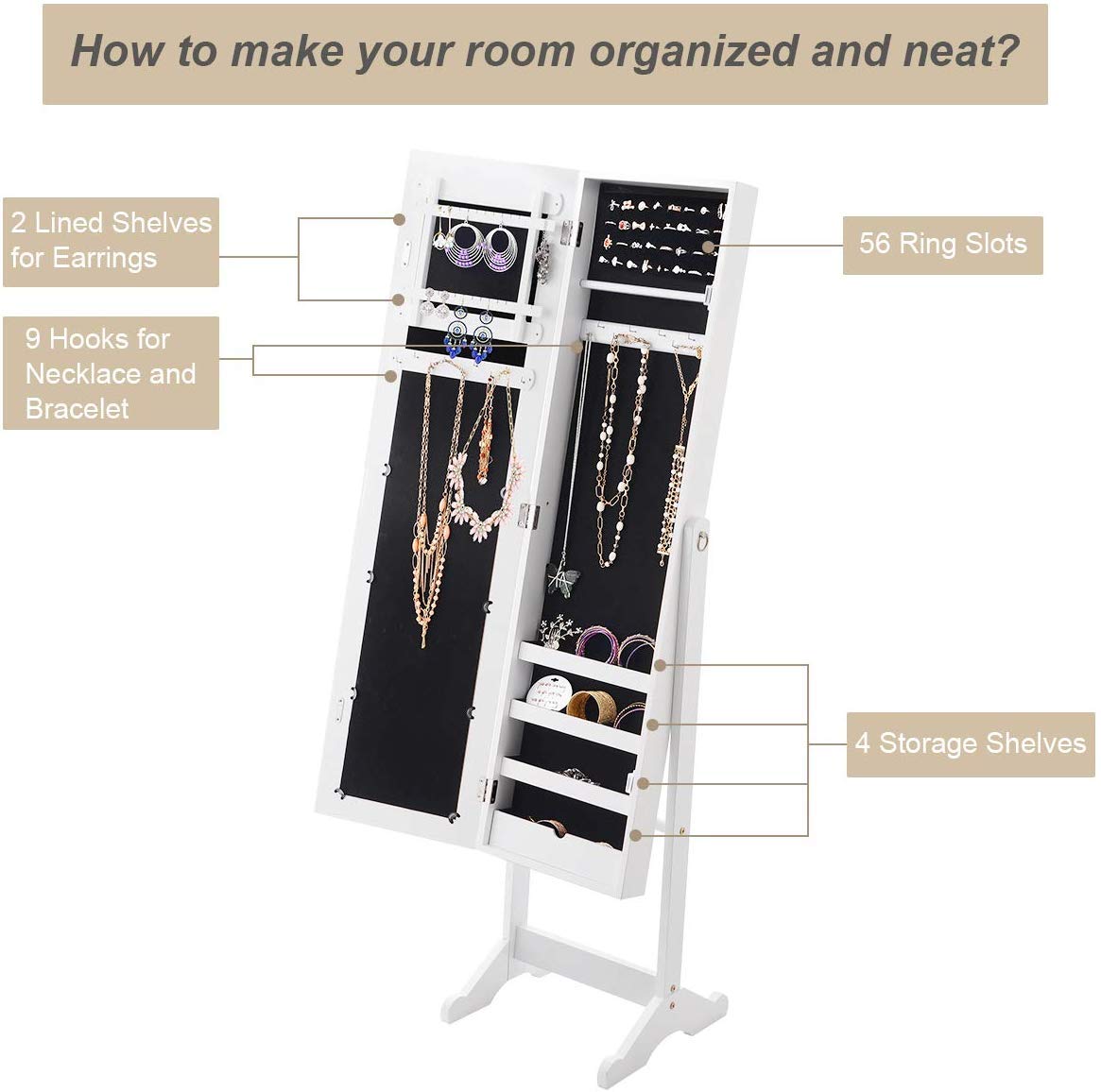 HOMGX White Wooden Standing Jewelry Cabinet with Mirror - Jewelry Armoire Organizer for Necklaces, Rings & Earrings - Perfect for Bedroom, Closet & Dressing Room Storage