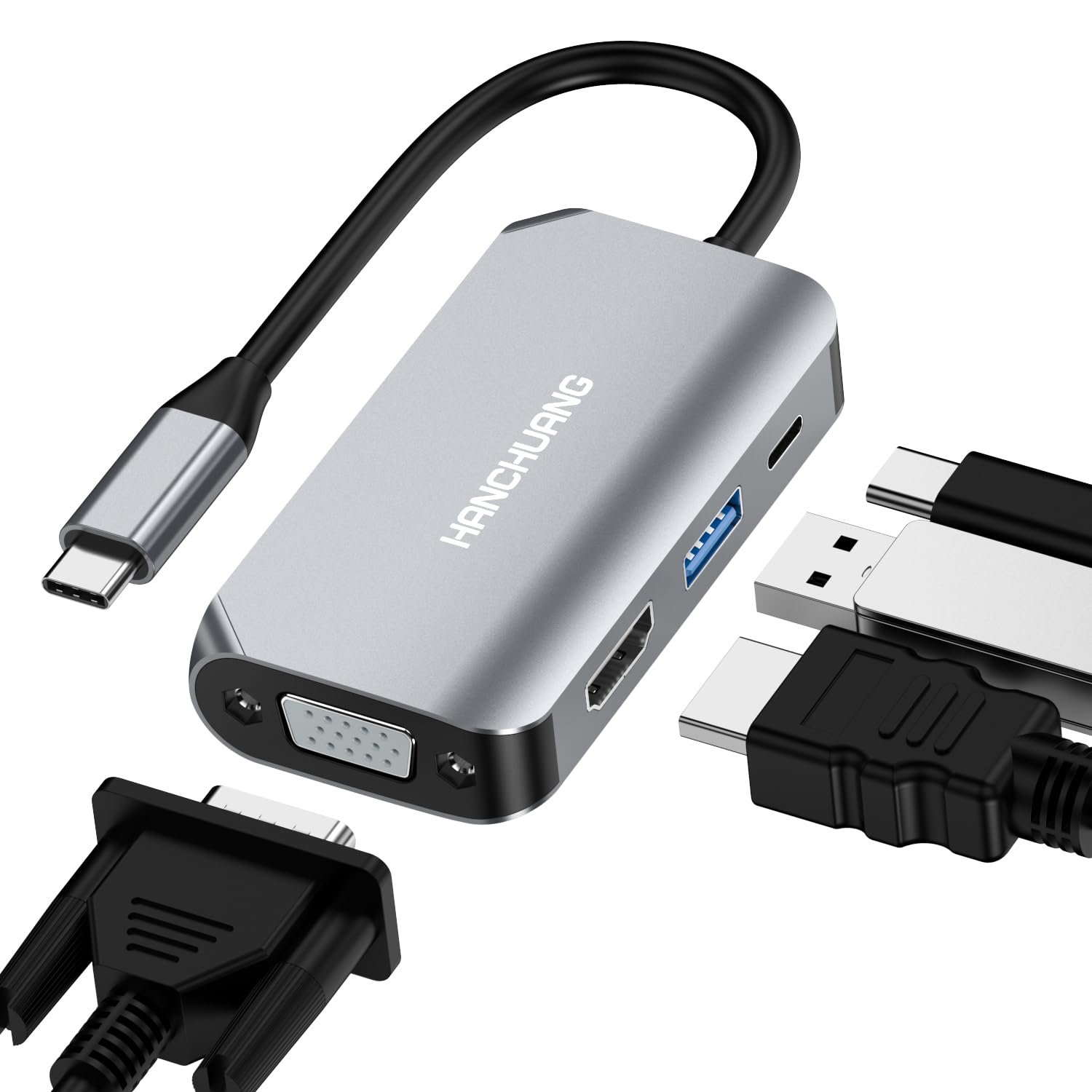 4-in-1 USB C to HDMI VGA Adapter with Thunderbolt 3, 4K HDMI Port, USB 3.0 & Power Delivery - Compatible with MacBook Pro/Air, iPad Pro, Dell XPS | Perfect for Home Office, Presentations & Multi-Screen Setup