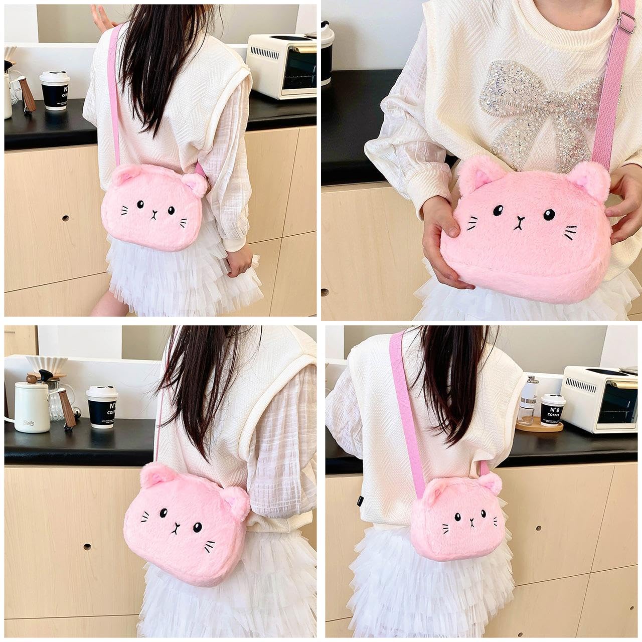 Adorable Pink Fluffy Cat Crossbody Bag for Women - Small Plush Shoulder Purse, Kawaii Animal Messenger Satchel - Perfect for Casual Outings, Shopping & Travel