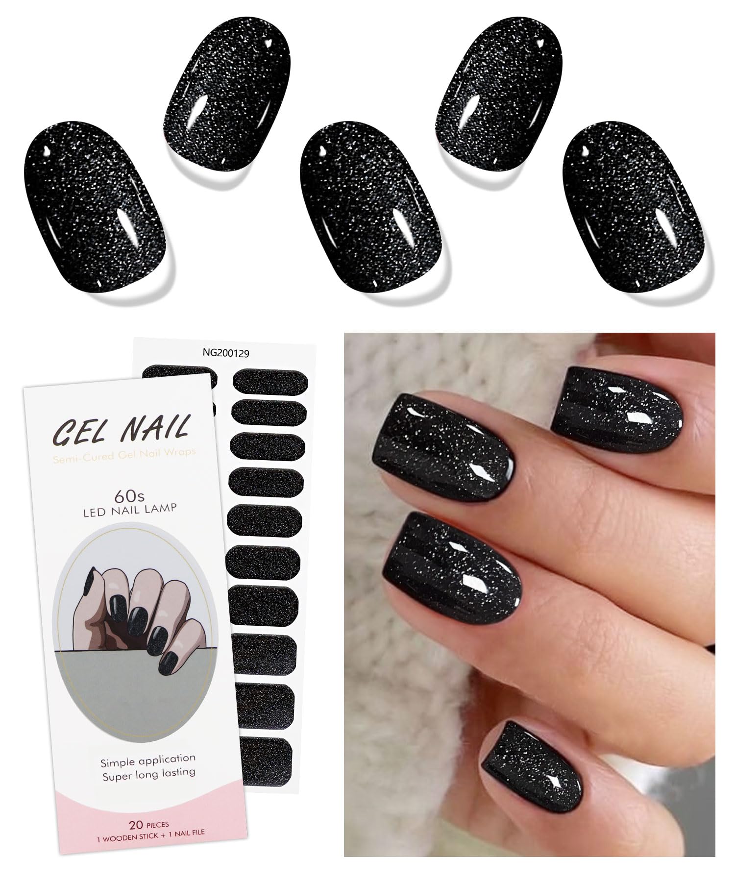 JMEOWIO Black Glitter Semi-Cured Gel Nail Strips - UV/LED Cured Nail Stickers for Salon-Quality Manicures at Home | Perfect for Parties, Weddings & Special Occasions