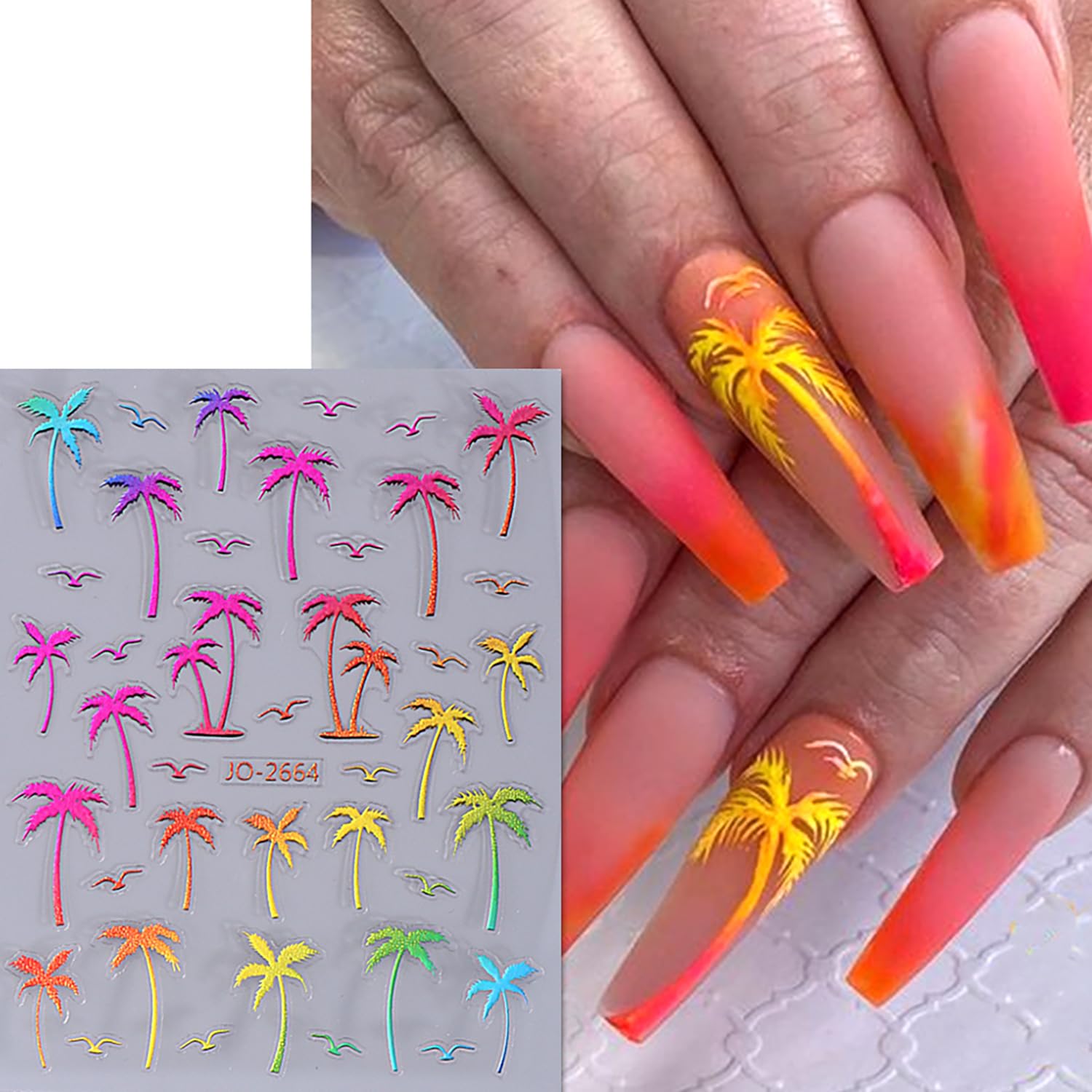 8 Sheets Coconut Tree Nail Art Stickers - 3D Self-Adhesive Summer Nail Decals with Black Gold Laser, Silver & Colorful Gradient Designs - Nail Art Supplies for Women - Perfect for Beach Vacations, Pool Parties & Tropical Summer Nail Designs