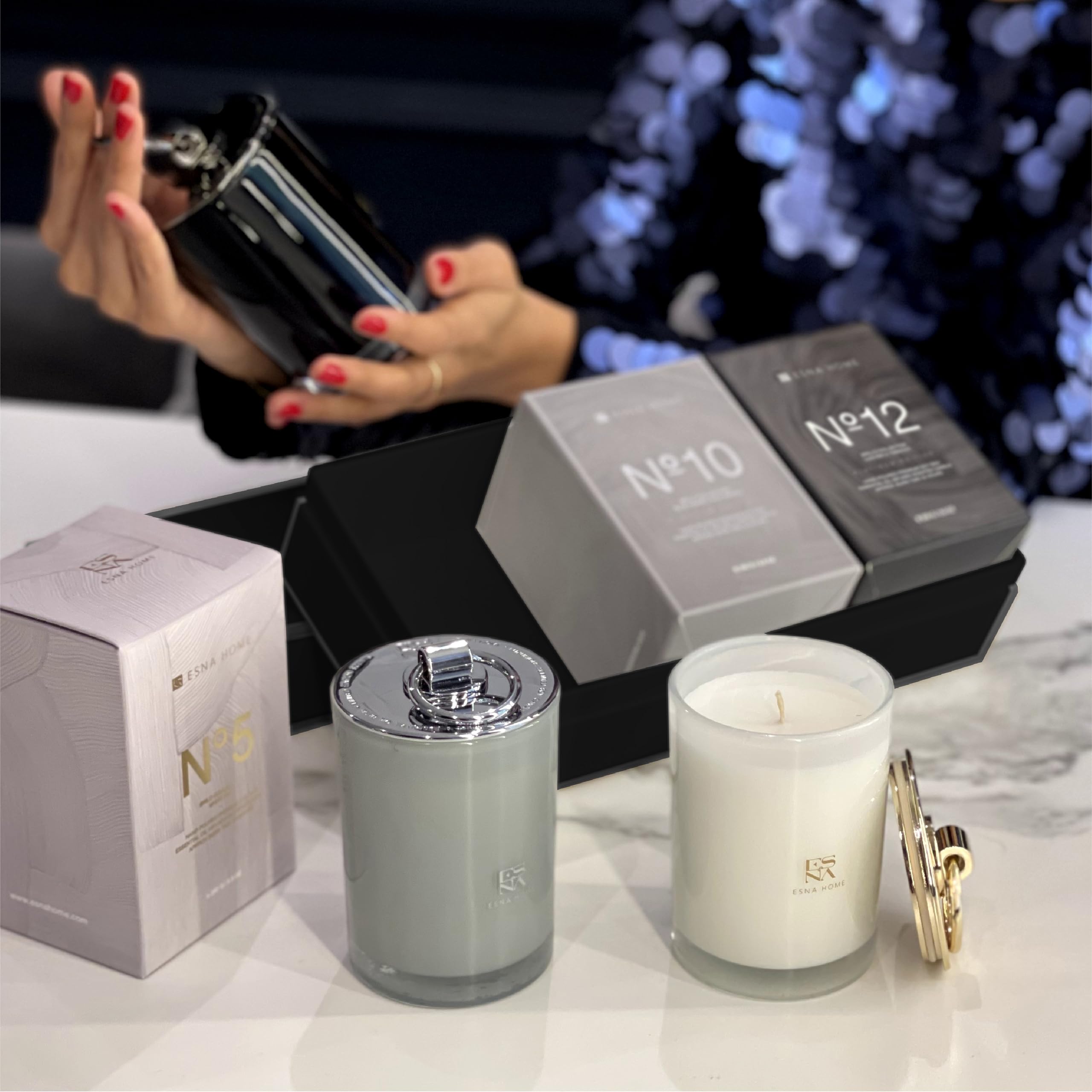 ESNA HOME Luxury Black Trio Set - 3 All-Natural Soy Scented Candles (150h Burn Time) | Perfect Aromatherapy Gifts for Women, Engagement Present | Ideal for Home Decor, Relaxation & Romantic Ambiance