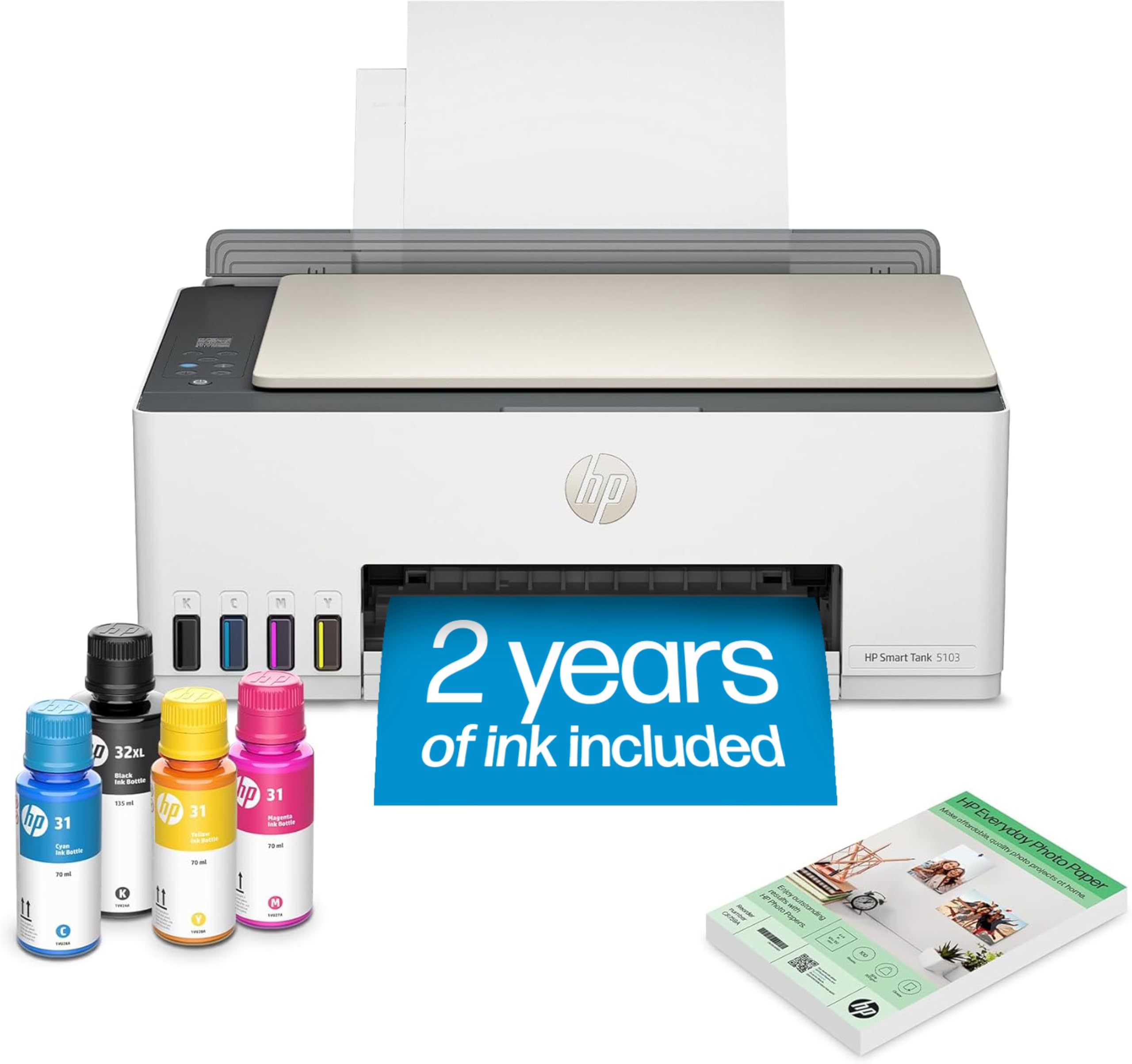 HP Smart Tank 5103 Wireless All-in-One Ink Tank Printer with 2 Years of Ink Supply & 100 Photo Papers - Print, Scan, Copy for Home Office | Refillable Ink System (5D1B2A) | Perfect for Remote Work, School Projects & Family Photo Printing