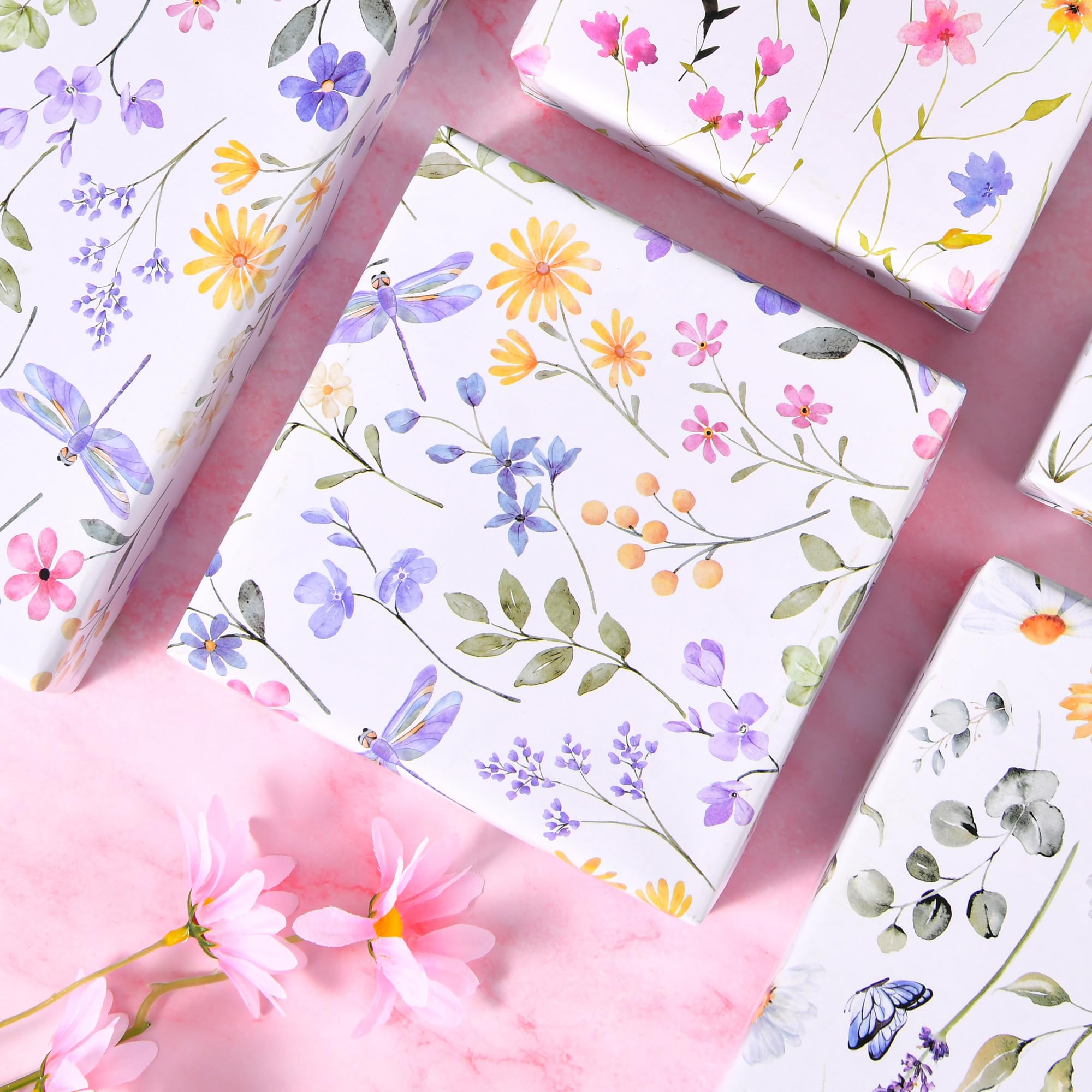 Titiweet Floral Wrapping Paper - 8 Sheets Wildflower Gift Wrap for Birthdays, Weddings, Mother's Day & Baby Showers (20x28 Inches) | Elegant Present Wrapping for Women, Party Decor & Special Occasions