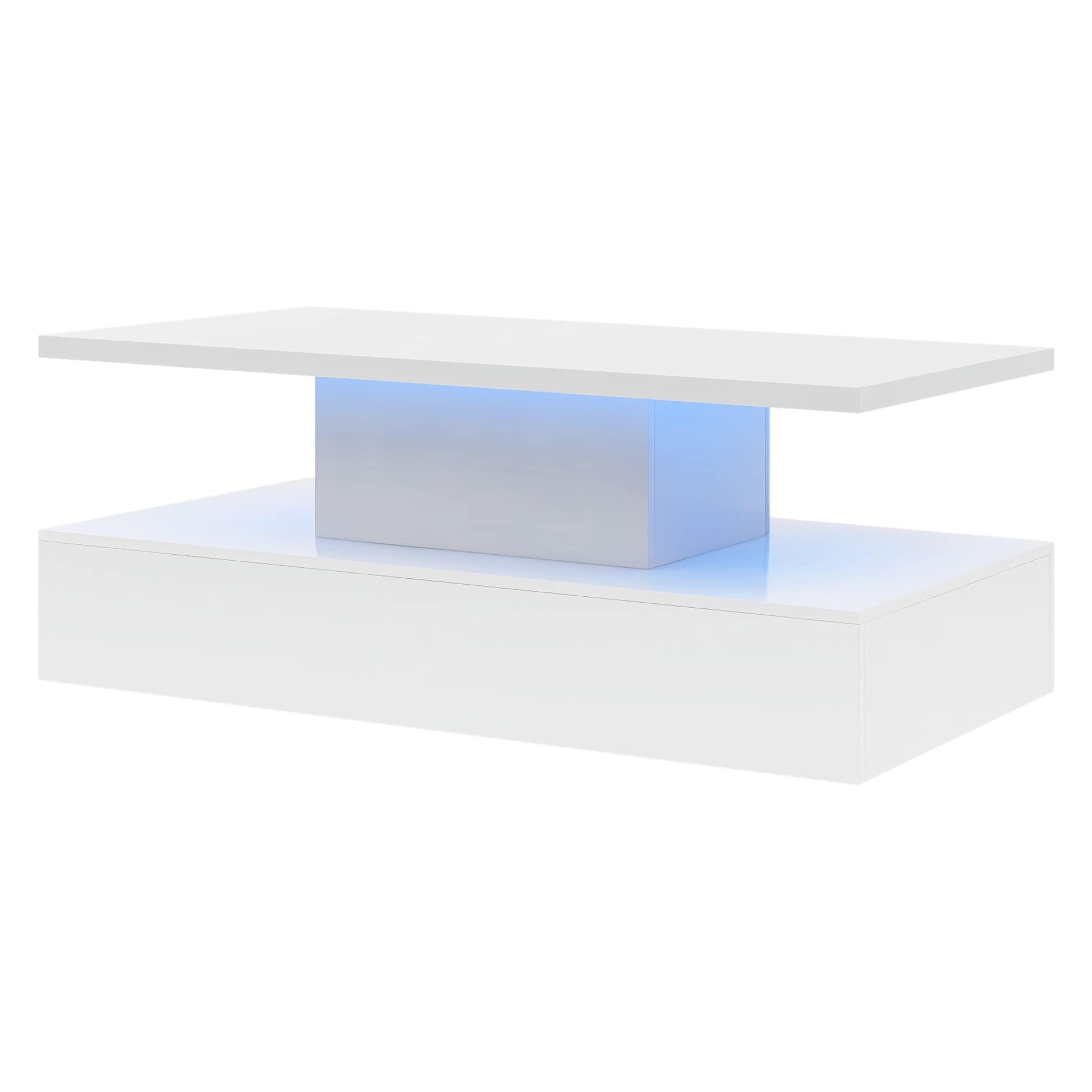 Stylish Modern LED Coffee Table for Living Room - 16-Color Changing Light, High Gloss White Wooden Rectangle Center Table with Storage Shelf, 2-Tier Cocktail Table (47.2
