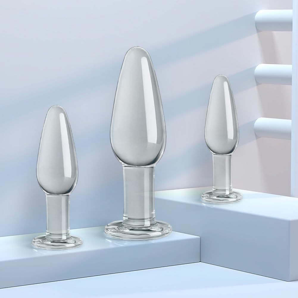 Premium 3-Piece Conical Glass Anal Plug Set - Transparent Butt Plug for G-Spot & Prostate Stimulation - Safe Sex Toy for Men, Women & Couples - Perfect for Beginners & Valentine's Gift - Use for Solo Play, Couples Exploration & Sensual Massage