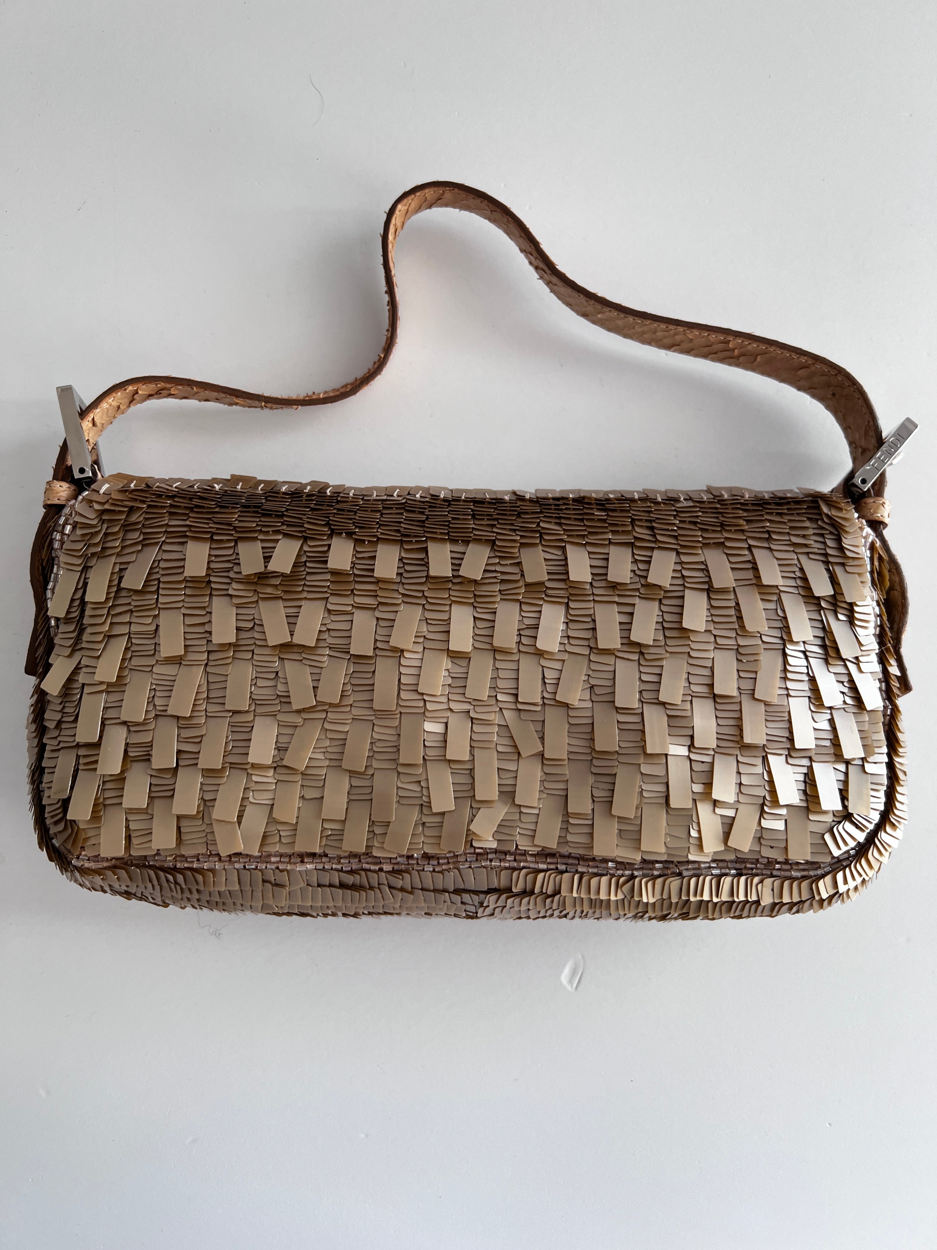 Fendi Champagne Sequin Baguette Bag - Luxury Evening Clutch for Women, Perfect for Parties, Weddings & Special Occasions