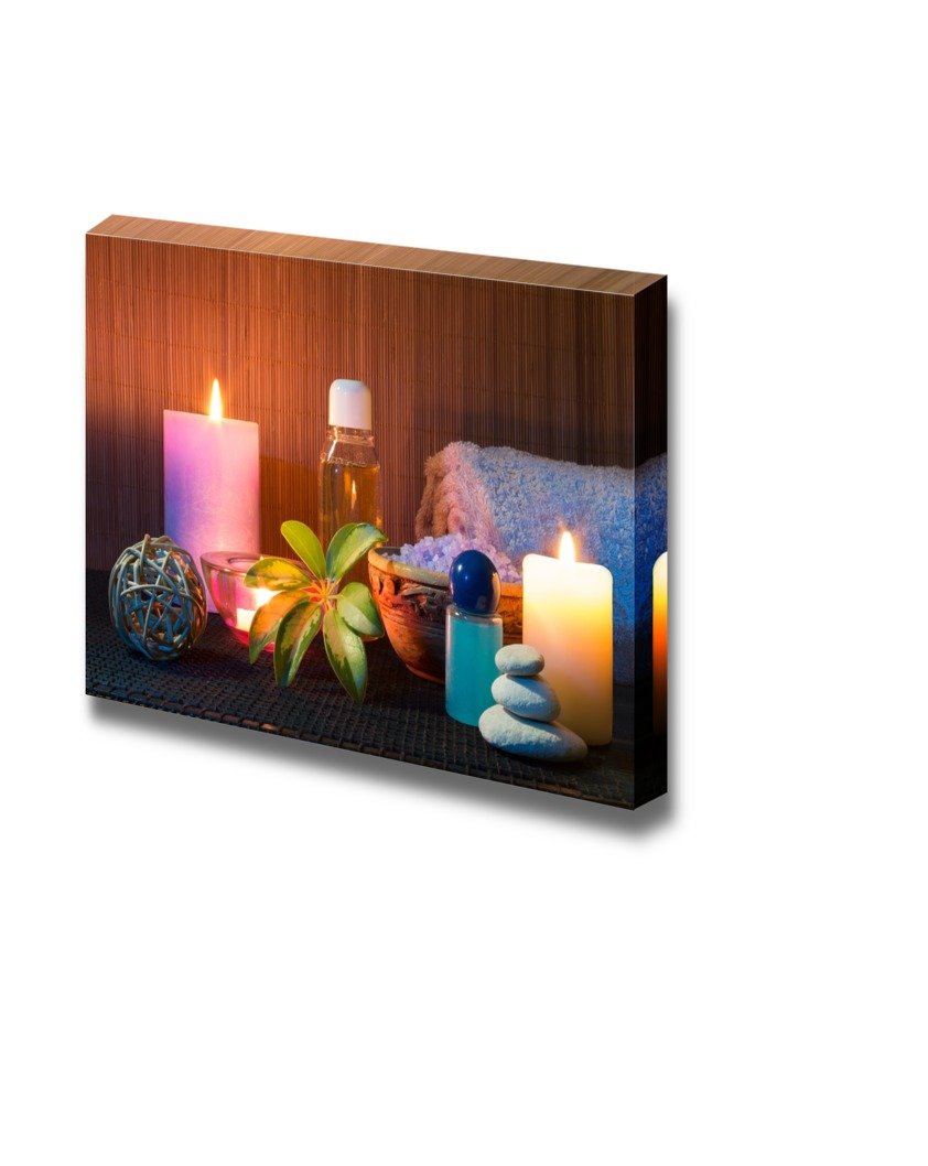 Modern Spa & Beauty Canvas Wall Art - 3 Candles, Towels, Salt, Oil & Stones | Stretched Gallery Wrap Giclee Print - Ready to Hang 32x48 inches | Perfect for Bathroom Decor, Relaxation Spaces & Home Decoration