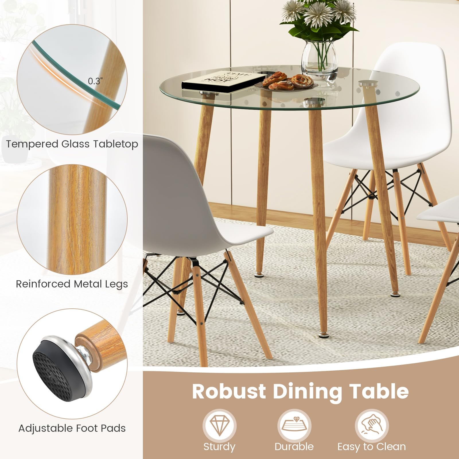 Tangkula 5-Piece Round Dining Table Set for 4 with Tempered Glass Top & Solid Wood Legs - Kitchen & Breakfast Nook Furniture Set for Small Spaces - Perfect for Apartments, Condos and Cozy Homes