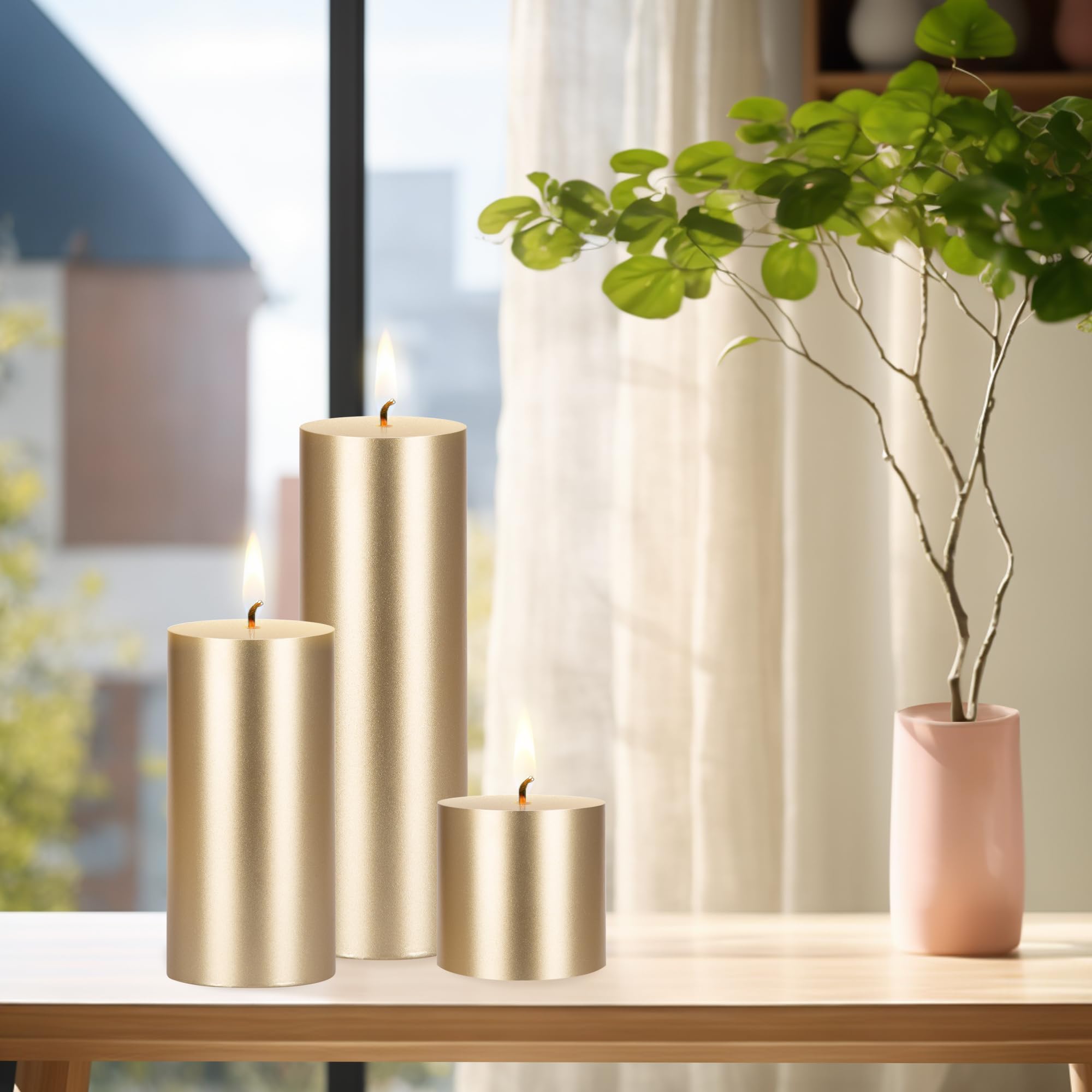Premium Unscented Solid Gold Pillar Candles 6-Pack - Hand Poured Natural Wax Candles 3x6 Inches for Home Decor, Wedding Centerpieces, Spa Relaxation, Holiday Celebrations & Prayer Vigils - Elegant Party Decorations & Special Occasion Candles