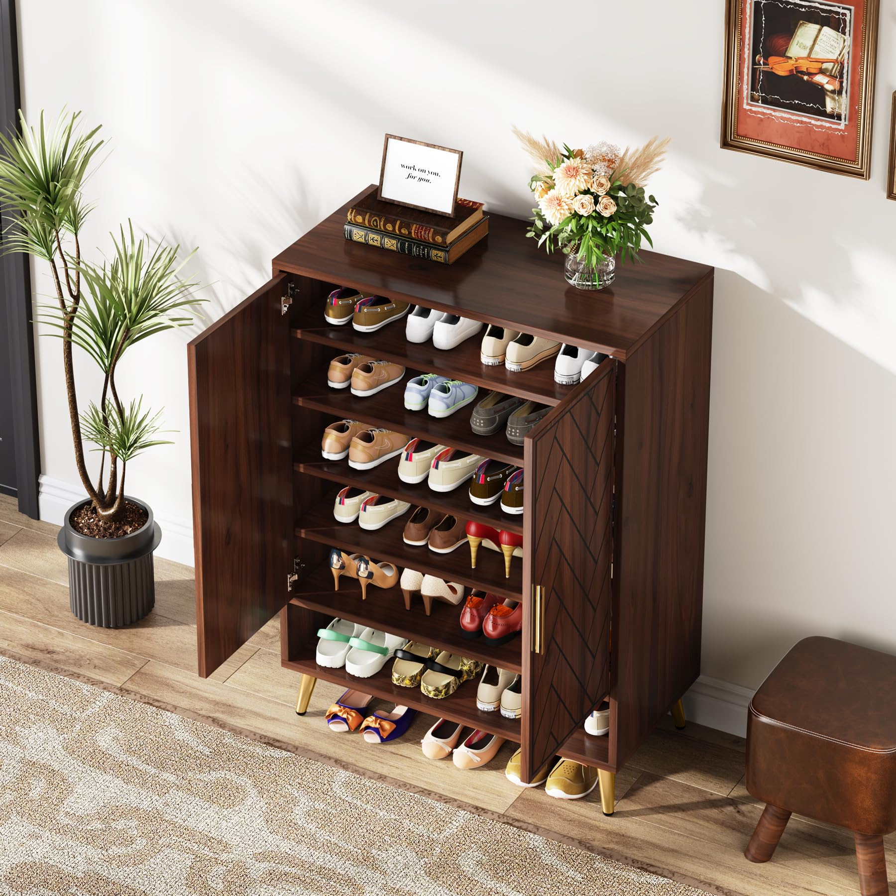 Tribesigns 6-Tier Shoe Storage Cabinet with Doors - 18 Pairs Entryway Shoe Organizer, Adjustable Shelves Wooden Shoe Rack for Living Room, Bedroom, Hallway - Walnut Finish with Gold Legs | Perfect for Small Spaces & Home Organization