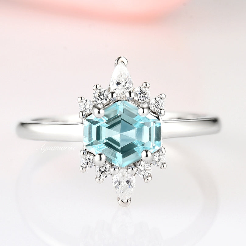 Hexagon Aquamarine Ring for Women - Sterling Silver 925 Jewelry, Elegant Birthstone Gift for March, Perfect for Engagement, Anniversary & Everyday Wear