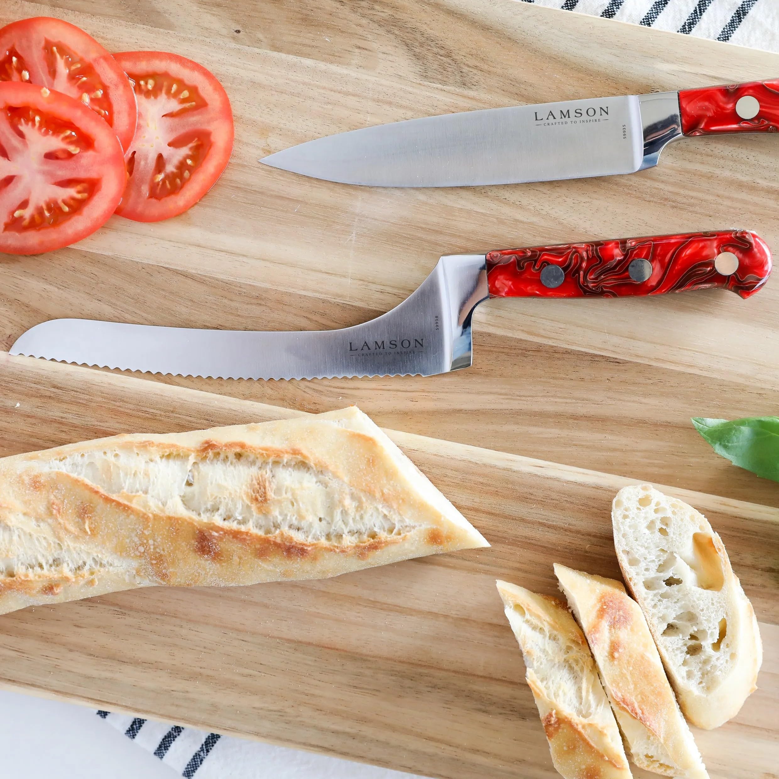 Lamson 7-Inch Premier Forged FIRE Handle Offset Serrated Bread Knife - Perfect for Slicing Artisan Breads, Baguettes, and Crusty Loaves