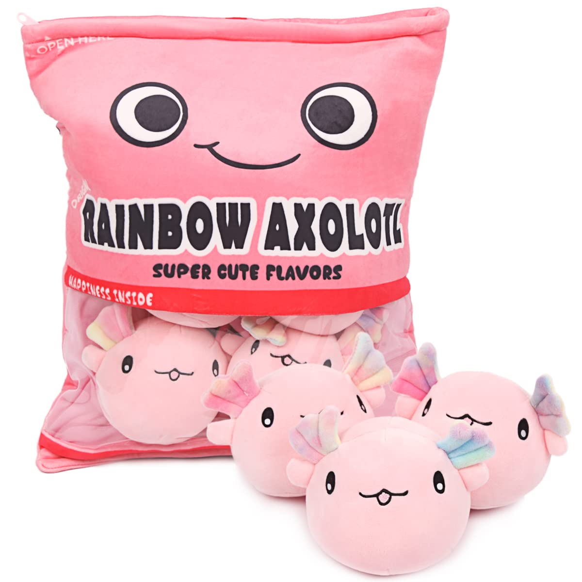 ARELUX Soft Pink Axolotl Plush Pillow Set - 6PCS Cute Stuffed Salamander Plushie with Removable Bag | Perfect for Kids' Room Decor, Birthday Gifts & Cozy Home Accessories