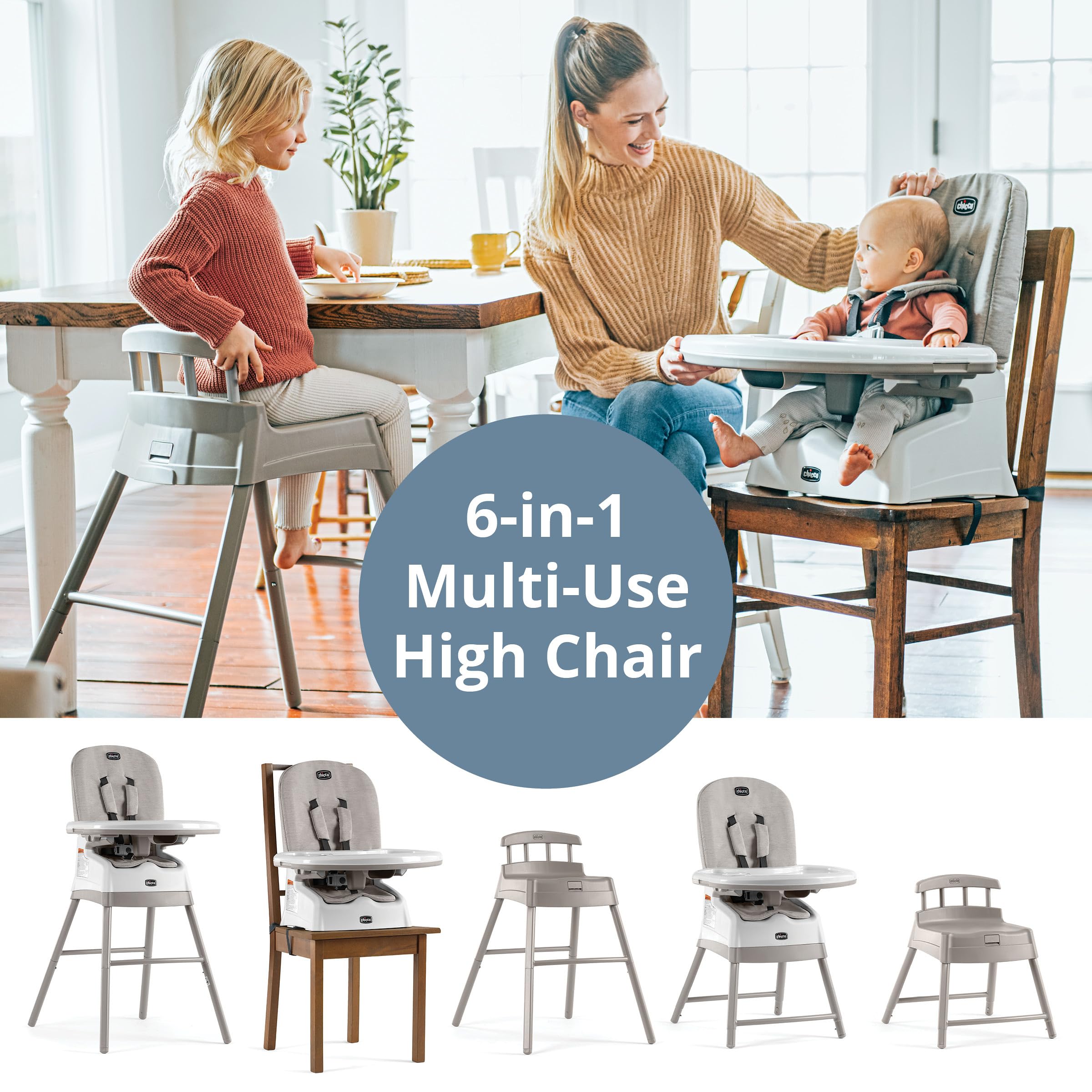 Chicco Stack® Hi-Lo 6-in-1 Multi-Use Convertible High Chair with Reclining Feature - Easy-Clean Baby Booster & Toddler Seat Combo in Sand/Beige | Perfect for Dining, Weaning & Playtime at Home