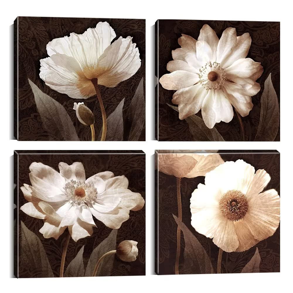 Brown Floral Abstract Canvas Wall Art - HDQ Framed Giclee Prints (12x12inchx4) for Living Room & Bedroom Decor | Perfect for Home, Office & Gift Giving