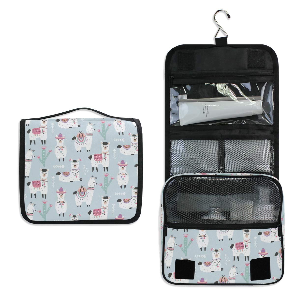 Moyyo Cute Llamas Alpaca Cactus Cosmetic Organizer Bag - Portable Hanging Toiletry Bag for Women, Girls & Kids - Perfect for Travel, Gym, Camping & Home Storage