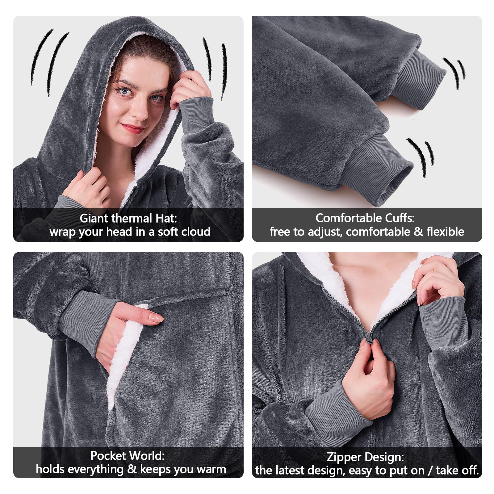 JOYWOO Wearable Blanket Hoodie - Oversized Sherpa Hooded Sweatshirt with Giant Pocket for Women & Men | Cozy Winter Gifts for Mom, Birthday Presents | Perfect for Lounging, Movie Nights & Cold Weather (Grey)