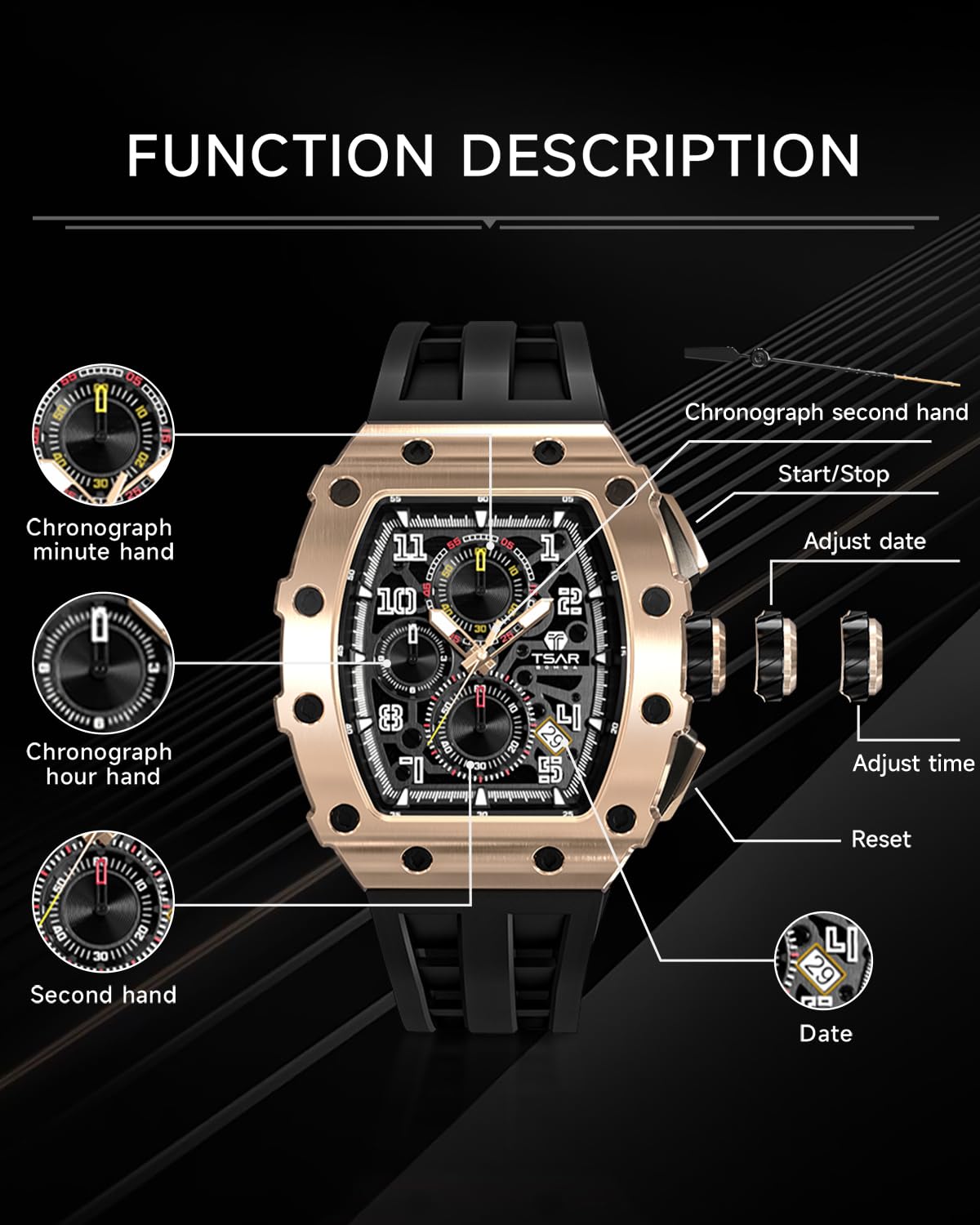 TSAR BOMBA Luxury Men's Tonneau Watch - Waterproof 50M Analog Chronograph with Date Calendar - Business Dress & Diver Watch for Men - Large Square Face Wristwatch - Perfect for Office, Formal Events & Water Activities