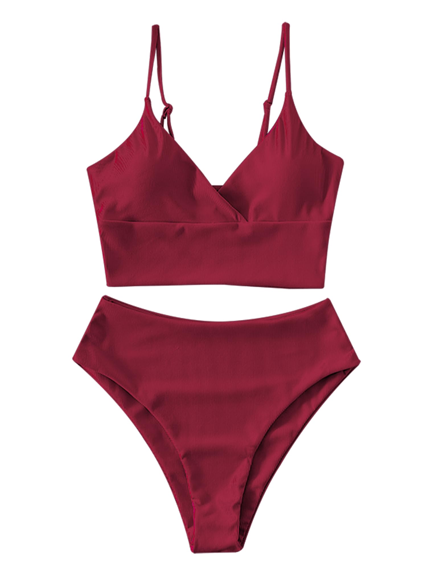 ZAFUL Women's Ribbed High Cut Surplice Tankini Swimsuit Set with Spaghetti Straps - Perfect for Beach Vacations, Pool Parties & Summer Getaways