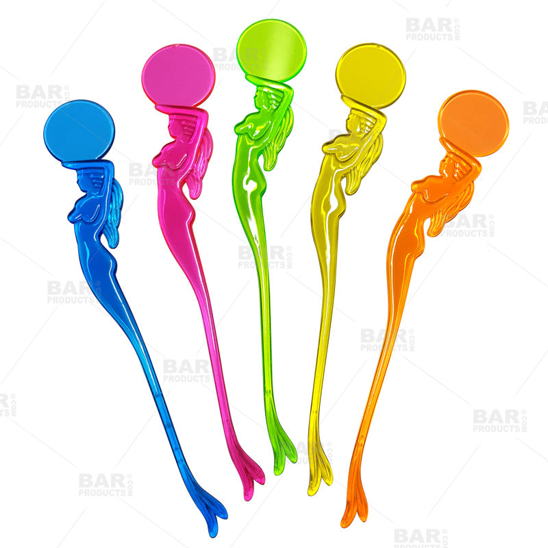 BarConic® Premium Mermaid-Themed Drink Swizzle Sticks with Round Top - 12-Pack Colorful Cocktail Stirrers for Margaritas, Martinis & Party Drinks - Perfect for Home Bars, Beach Parties & Tropical Themed Events