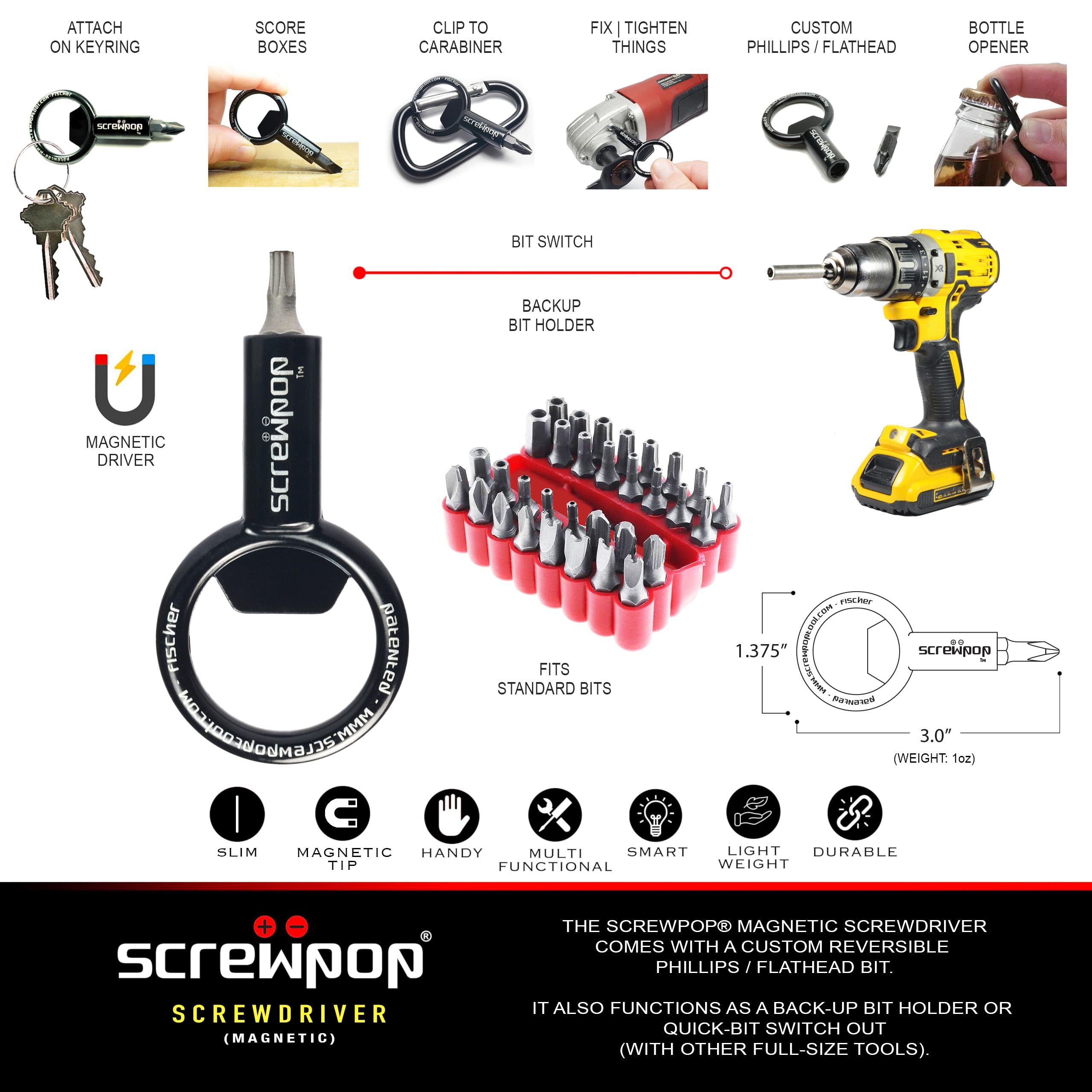 Universal Magnetic Screwdriver Bit Holder with Carabiner Keychain - Multi-Tool with Removable Double-Sided Phillips/Flathead Bits & Bottle Opener - Perfect for DIY, Home Repairs, Camping & Everyday Carry (EDC)