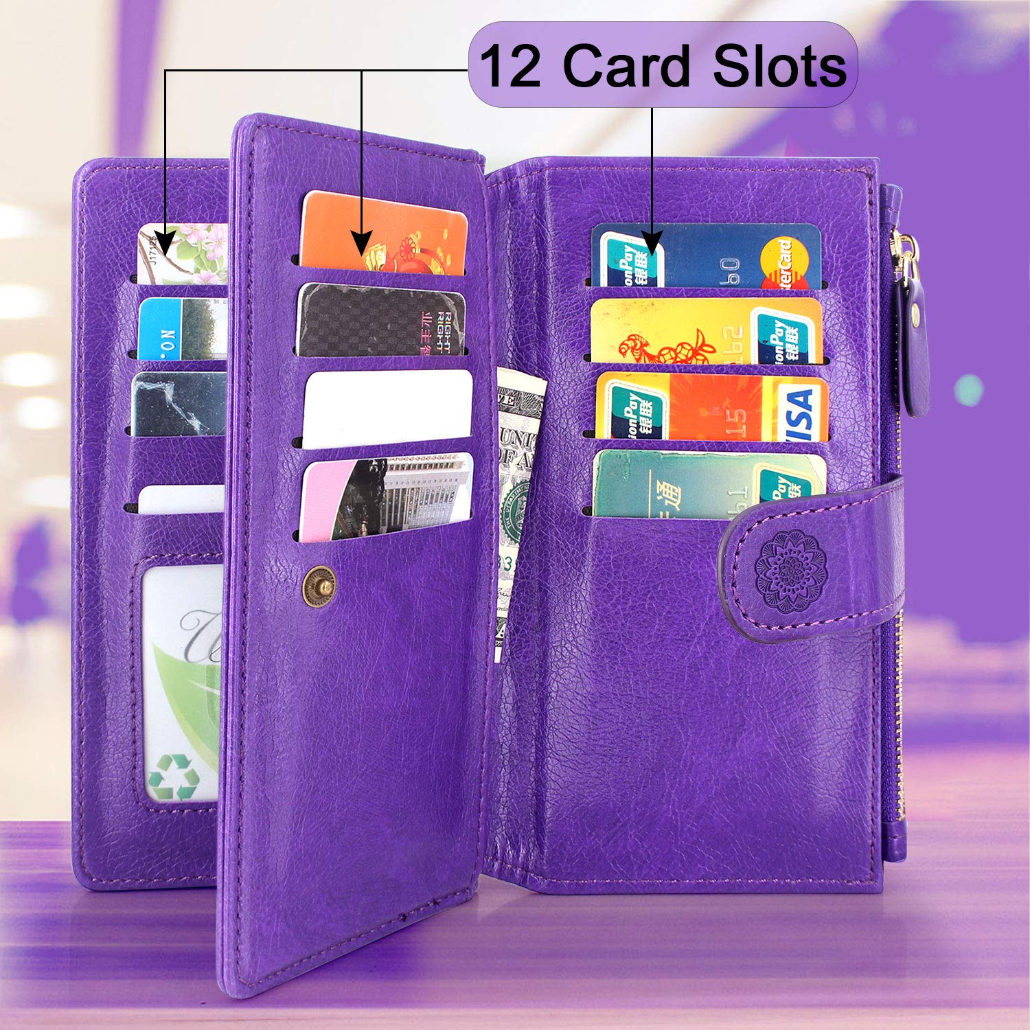 Harryshell Magnetic Wallet Case for iPhone 14/13 (6.1 inch) - Detachable 5G Compatible Cover with Zipper Cash Pocket, Multi Card Slots, Wrist Strap & Lanyard - Floral Flower Design (Purple) | Perfect for Travel, Shopping & Everyday Protection