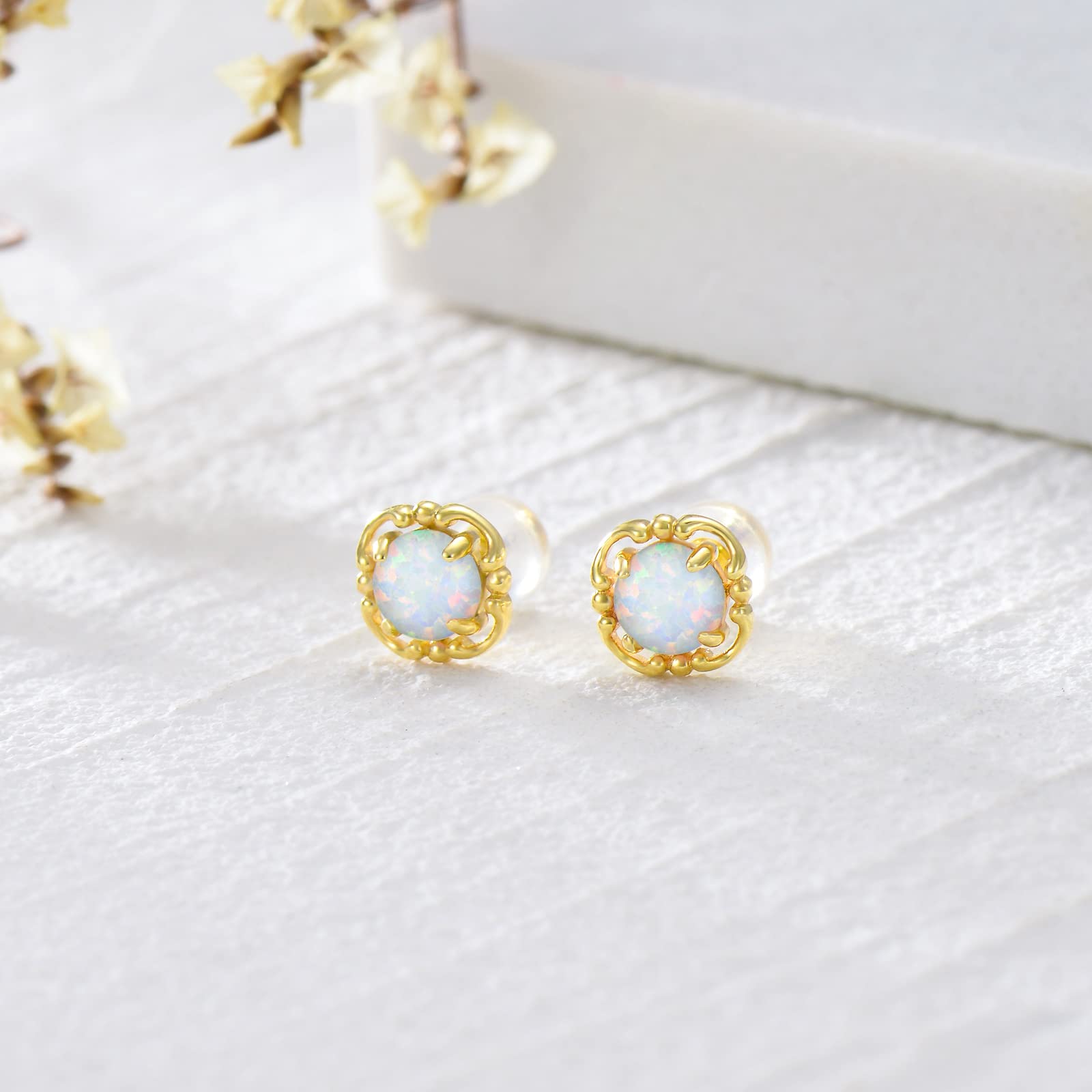 14K Solid Yellow Gold Opal Earrings for Women - Flower, Triangle, Star & Vintage Opal Stud Earrings | Dainty Opal Jewelry Gifts for Birthday, Anniversary & Special Occasions