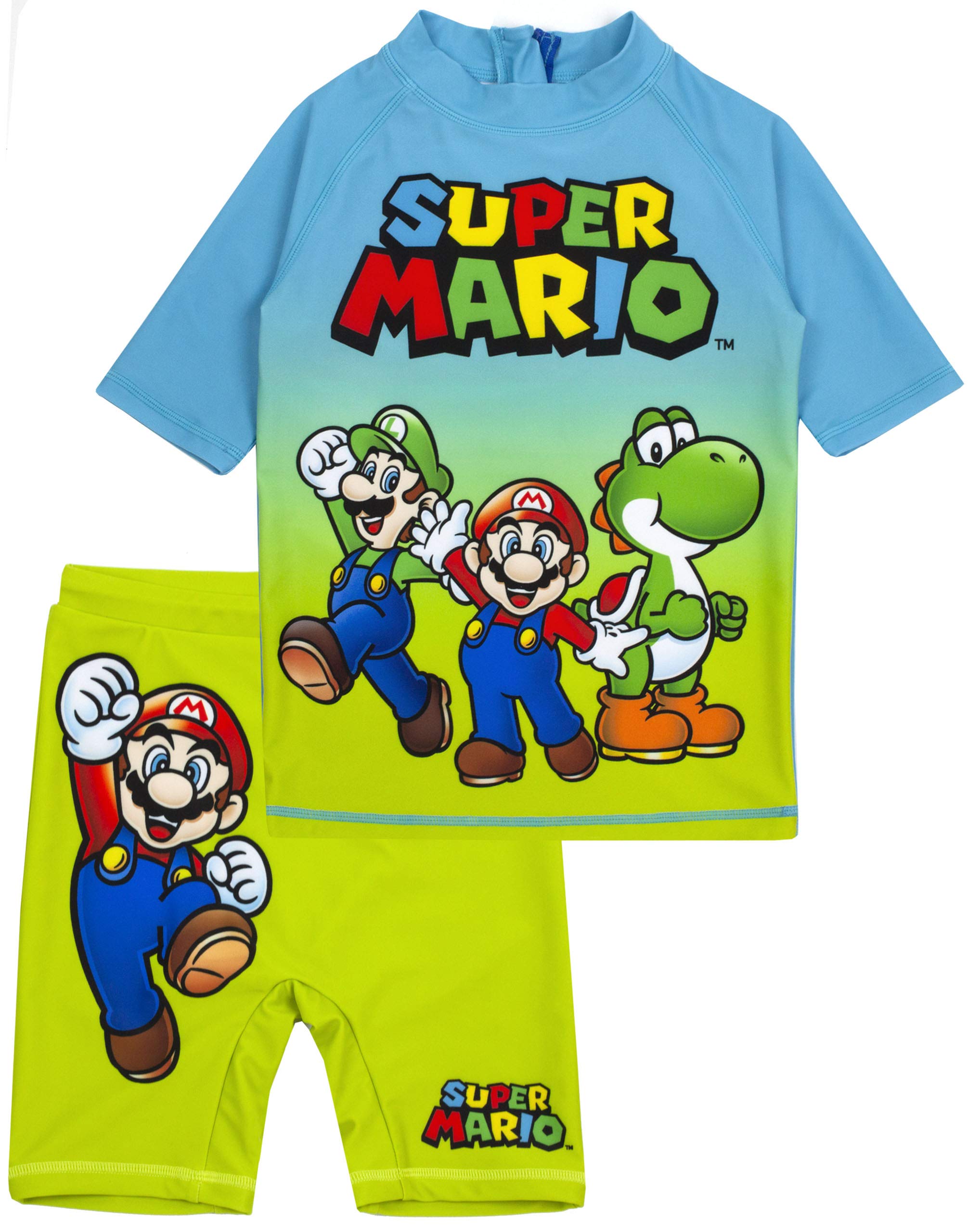Super Mario Boys Swimwear Set - UPF 50+ Sun Protection Rash Guard Top & Swim Shorts - Perfect for Pool, Beach & Summer Water Activities